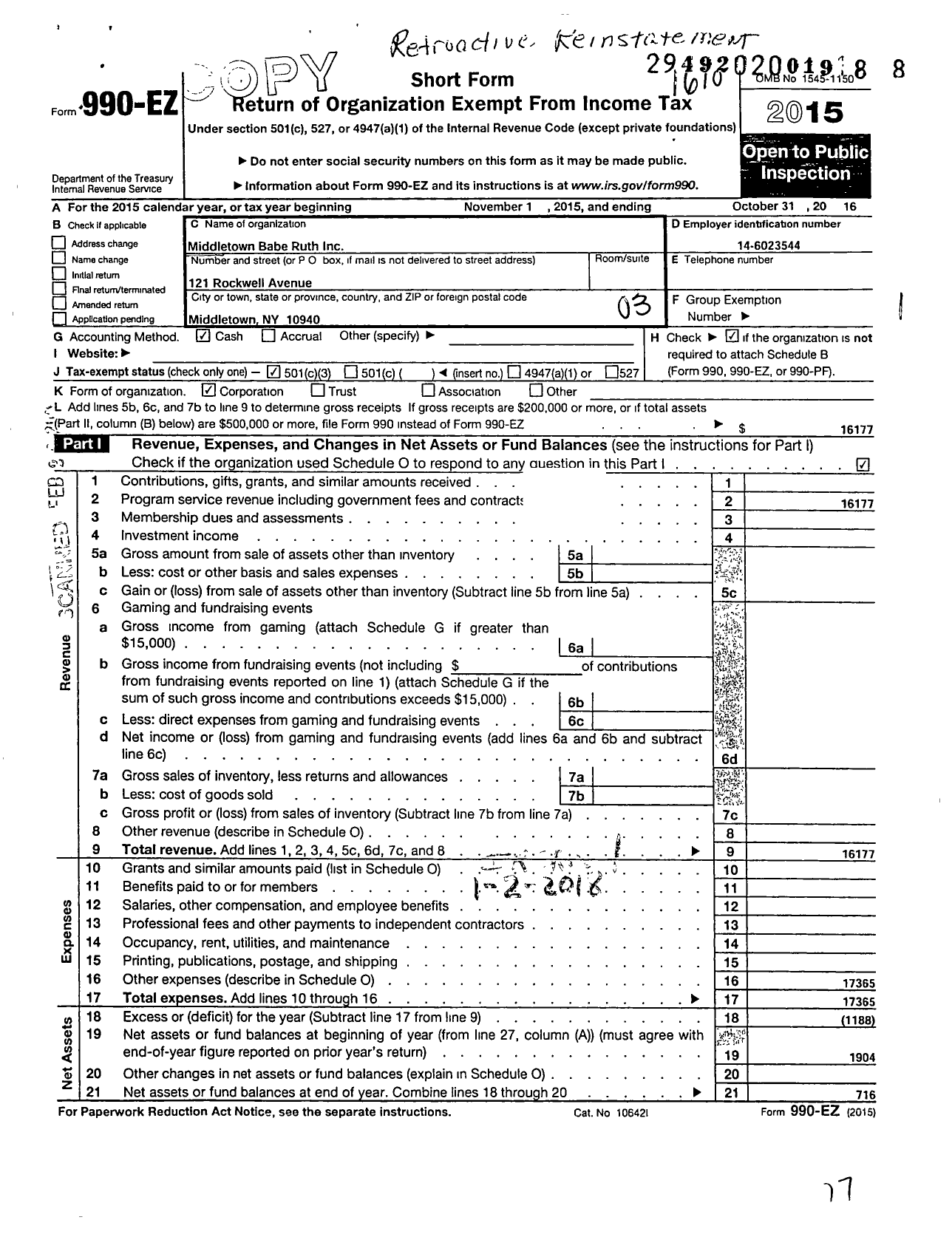 Image of first page of 2015 Form 990EZ for Middletown Babe Ruth League