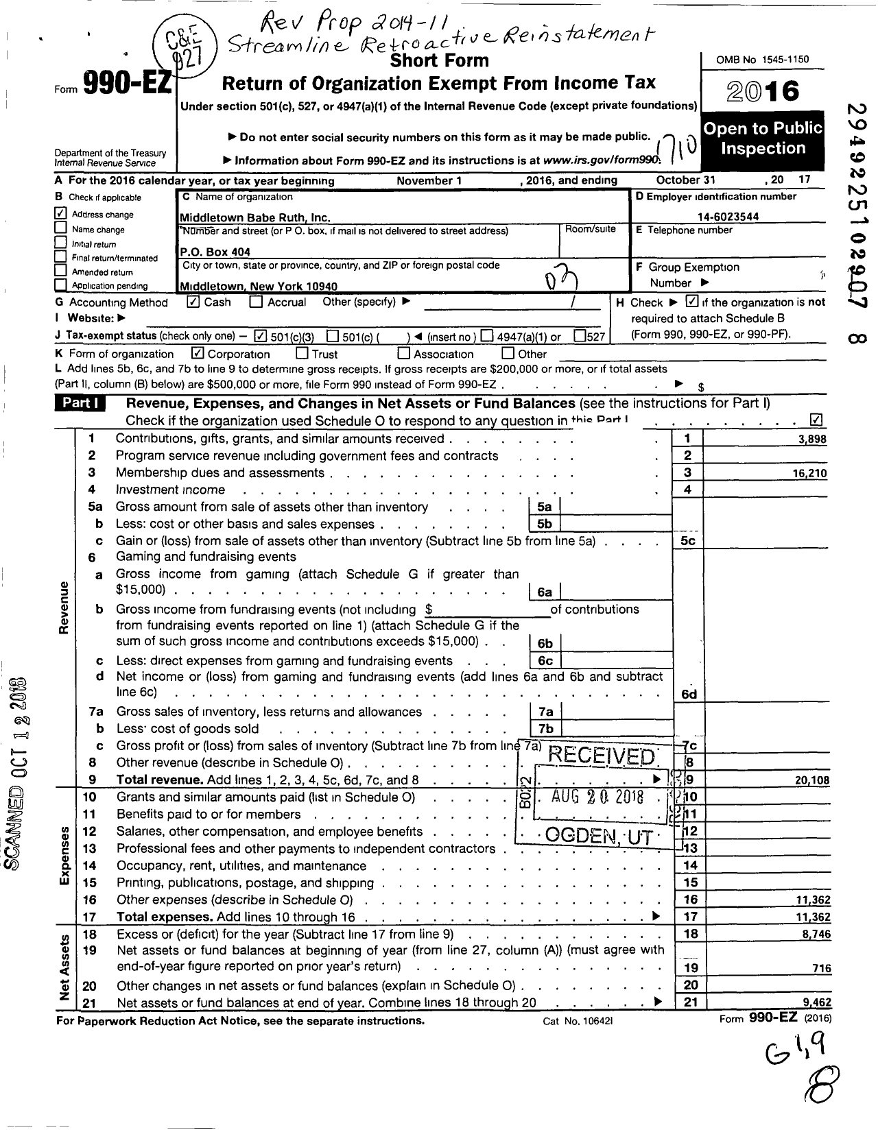 Image of first page of 2016 Form 990EZ for Middletown Babe Ruth League