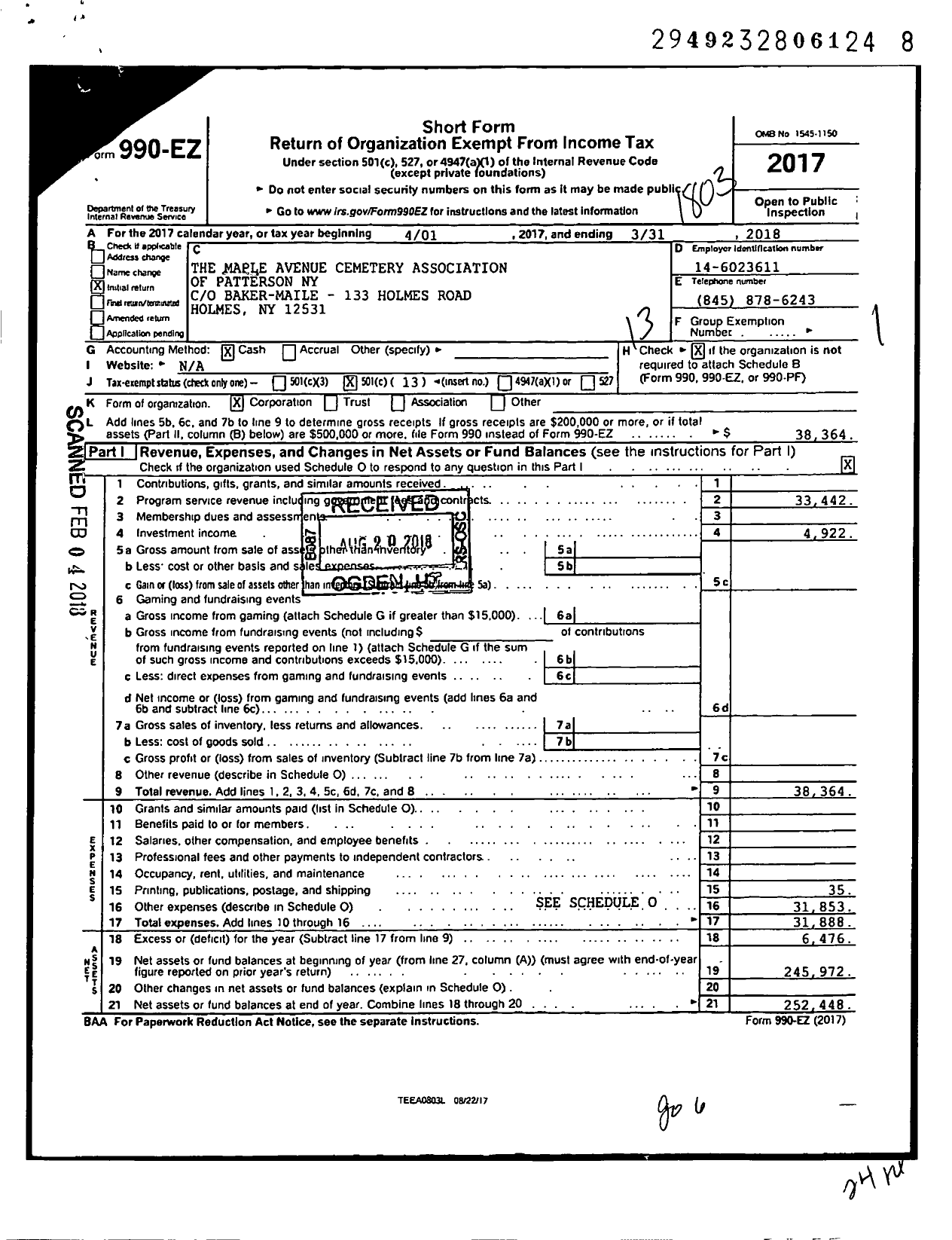 Image of first page of 2017 Form 990EO for The Maple Avenue Cemetery Association of Patterson Ny