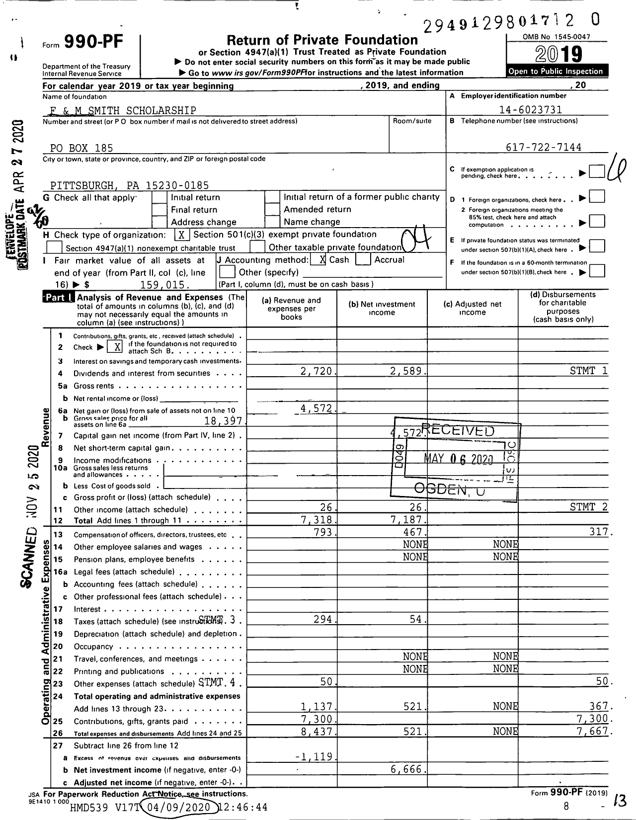 Image of first page of 2019 Form 990PF for F and M Smith Scholarship