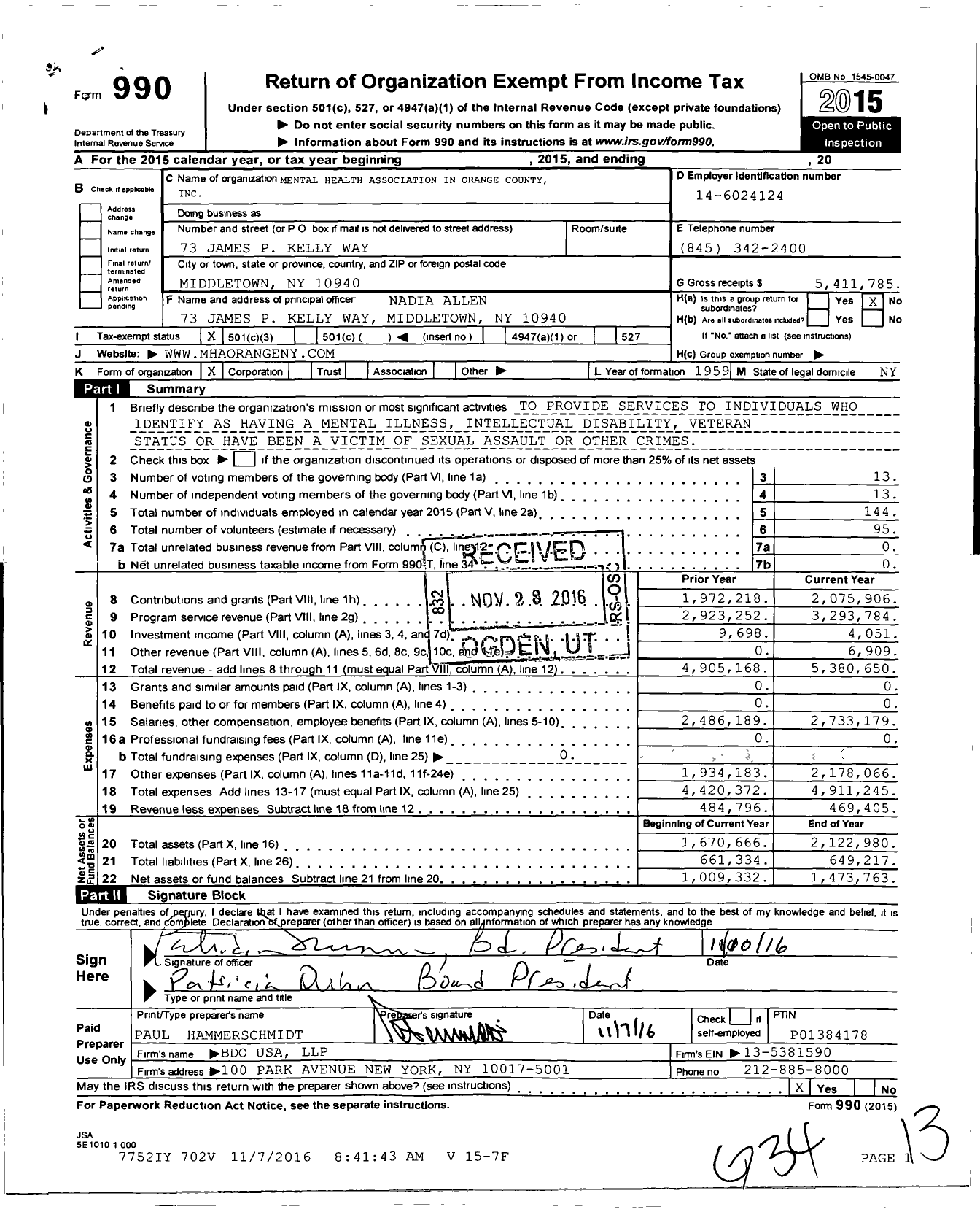 Image of first page of 2015 Form 990 for Mental Health Association in Orange County (MHA)