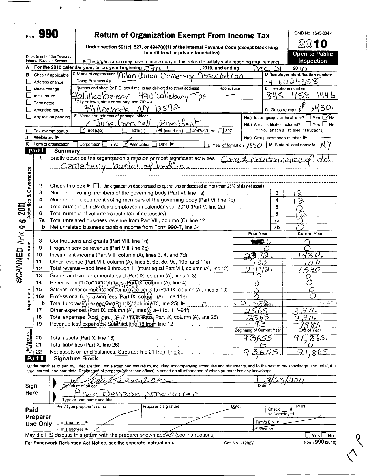 Image of first page of 2010 Form 990 for Milan Union Cemetery Association