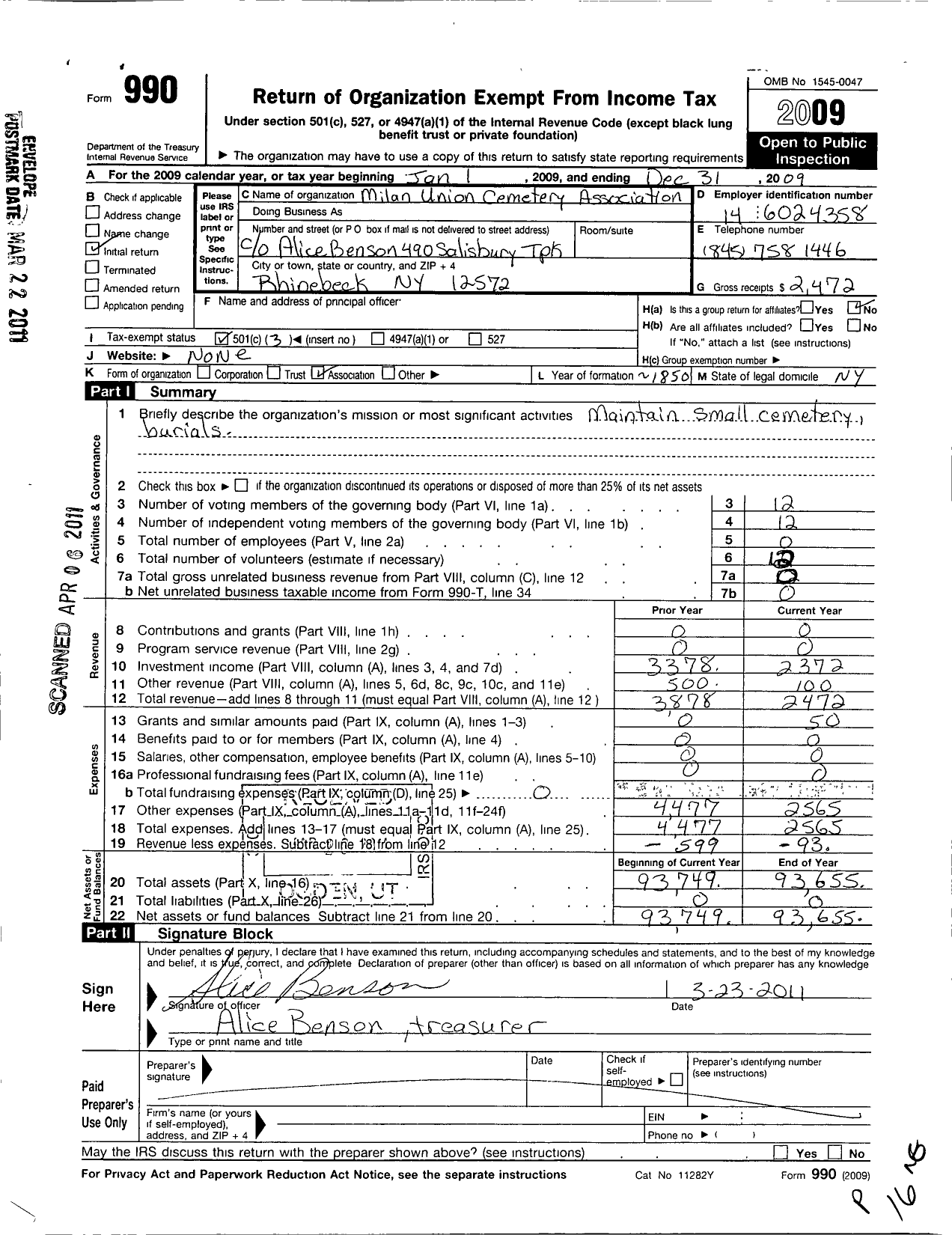 Image of first page of 2009 Form 990 for Milan Union Cemetery Association