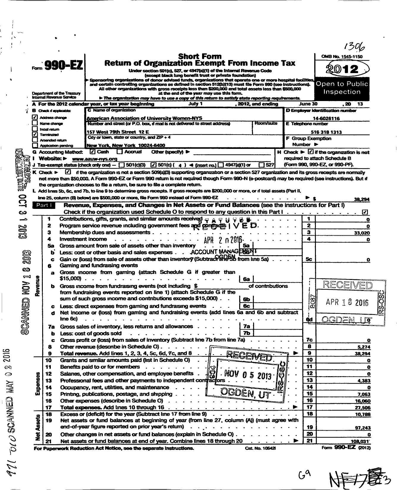 Image of first page of 2012 Form 990EO for American Association of University Women / New York State Division