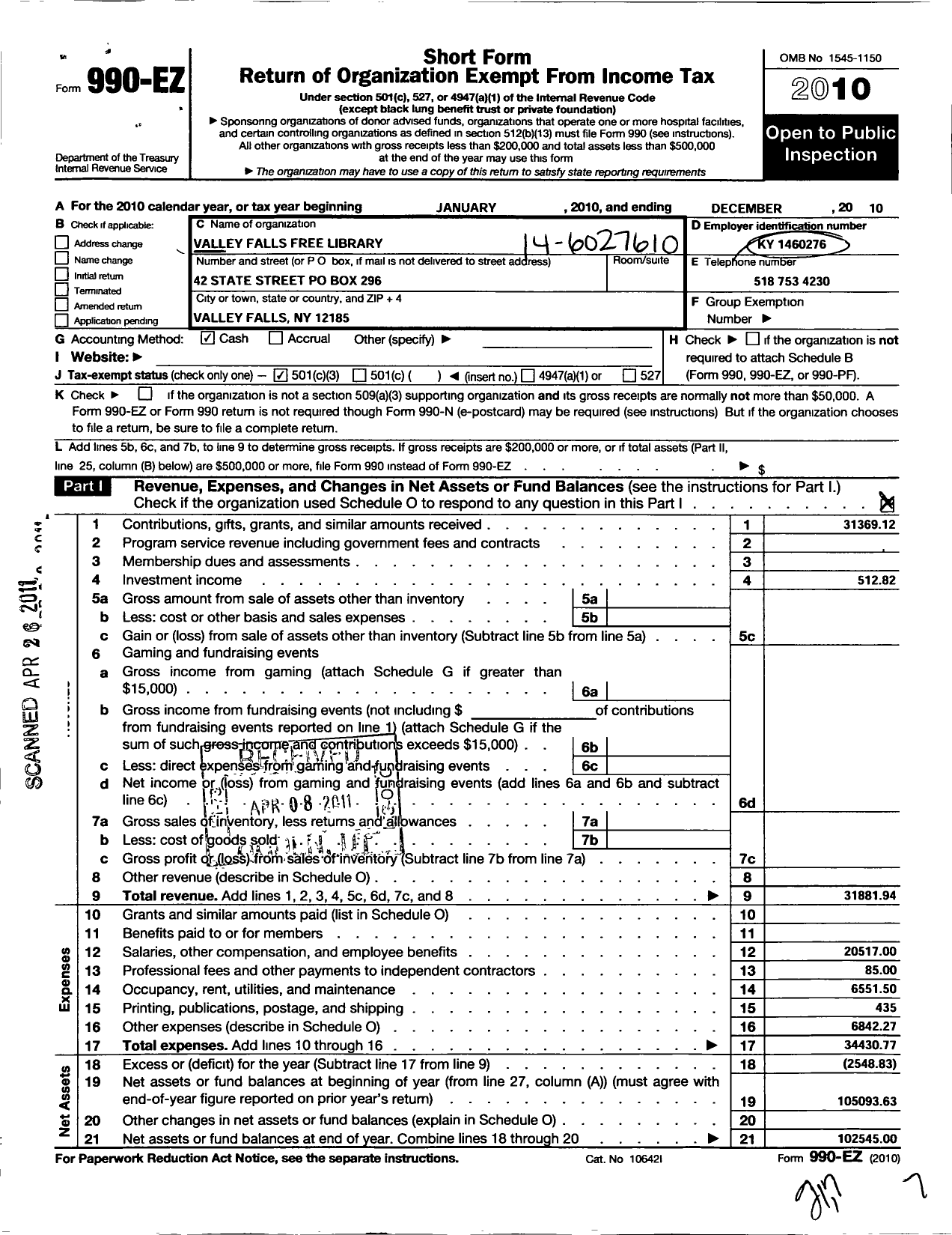 Image of first page of 2010 Form 990EZ for Valley Falls Free Library