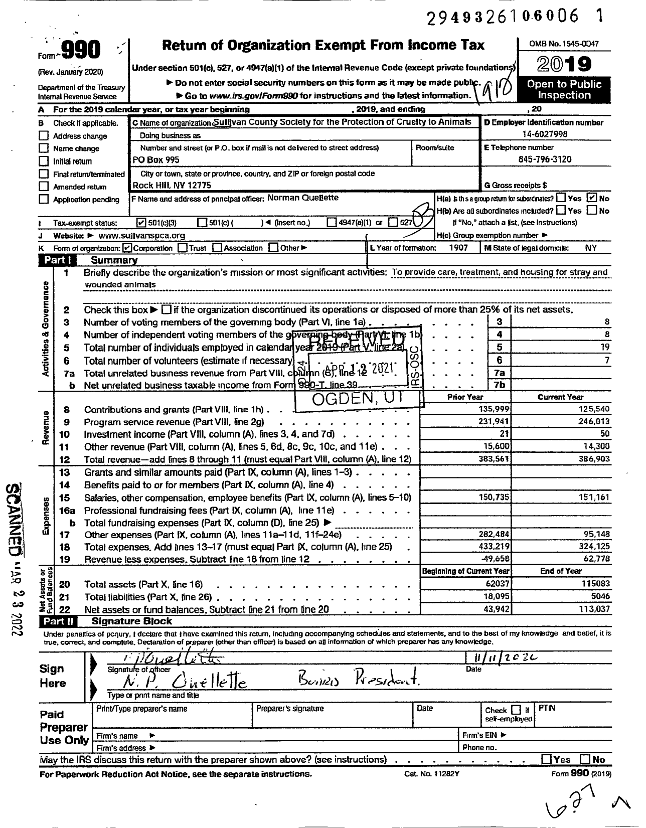 Image of first page of 2019 Form 990 for Sullian County Society for the Prevention of Cruelty To Animals