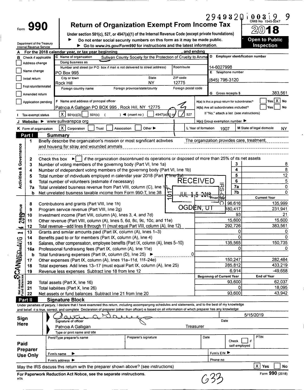 Image of first page of 2018 Form 990 for Sullian County Society for the Prevention of Cruelty To Animals