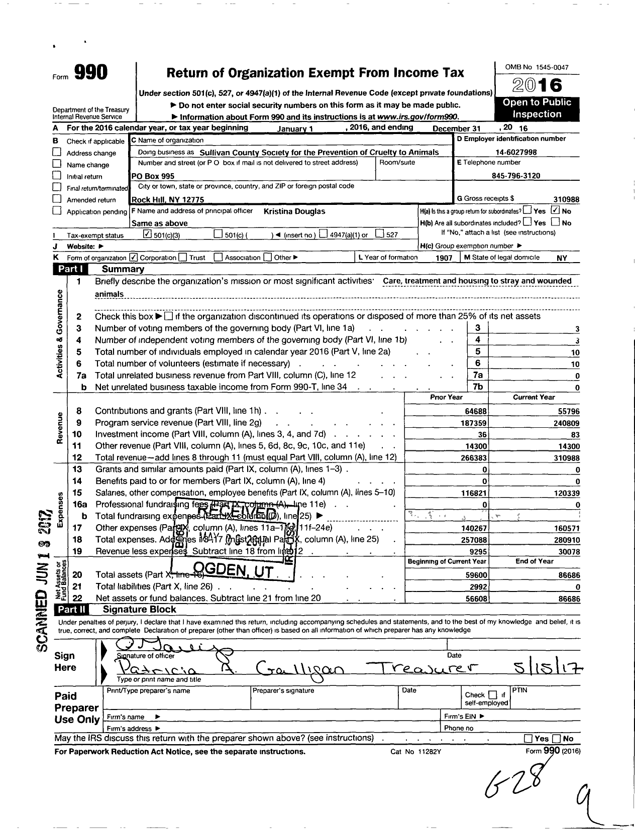 Image of first page of 2016 Form 990 for Sullian County Society for the Prevention of Cruelty To Animals