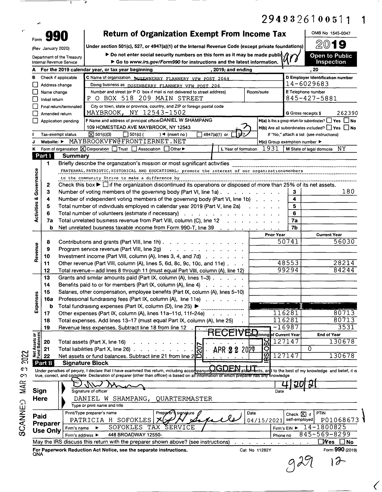 Image of first page of 2019 Form 990 for Department of Ny VFW - Maybrook VFW