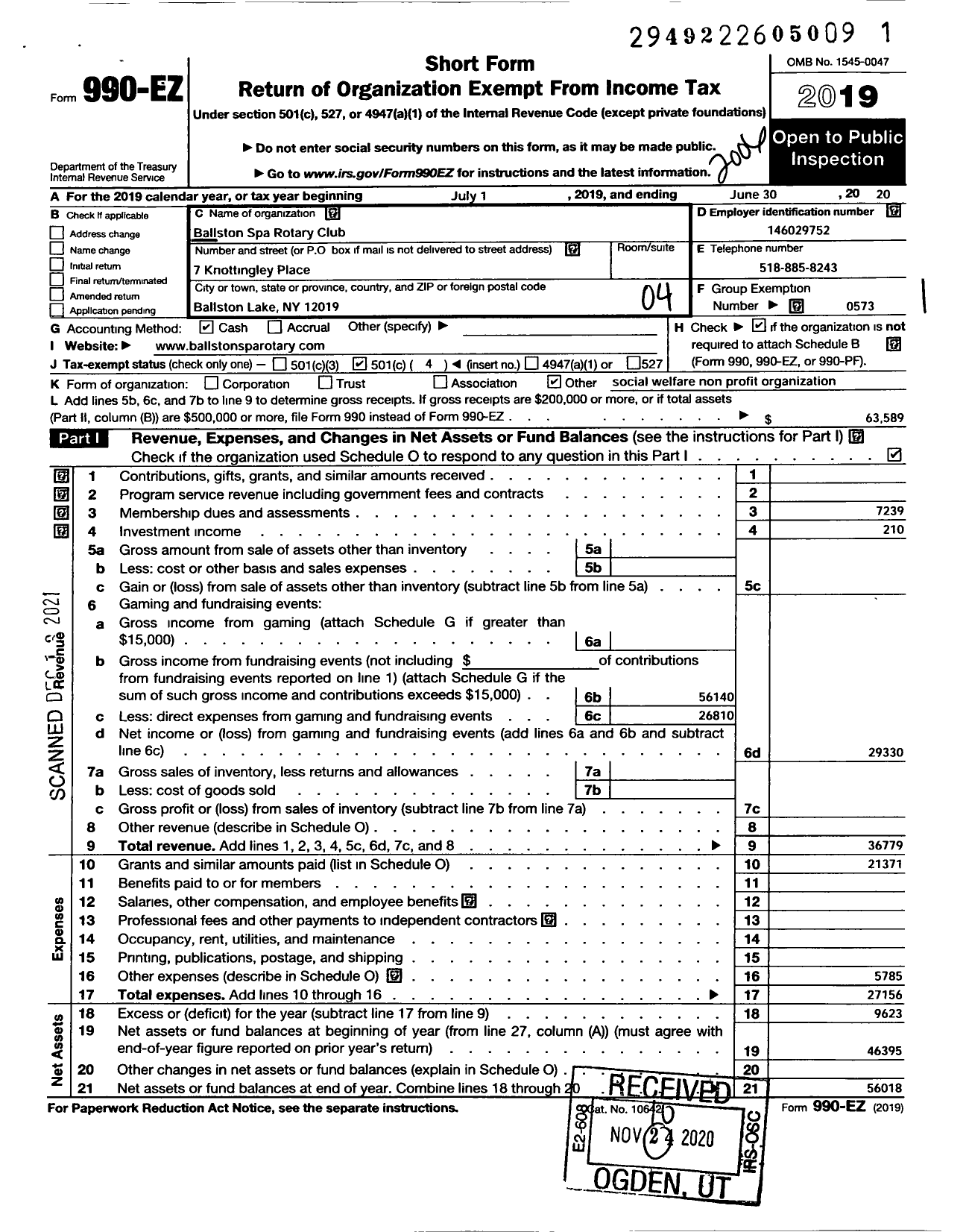 Image of first page of 2019 Form 990EO for Rotary International - Ballston Spa Ny Rotary Club