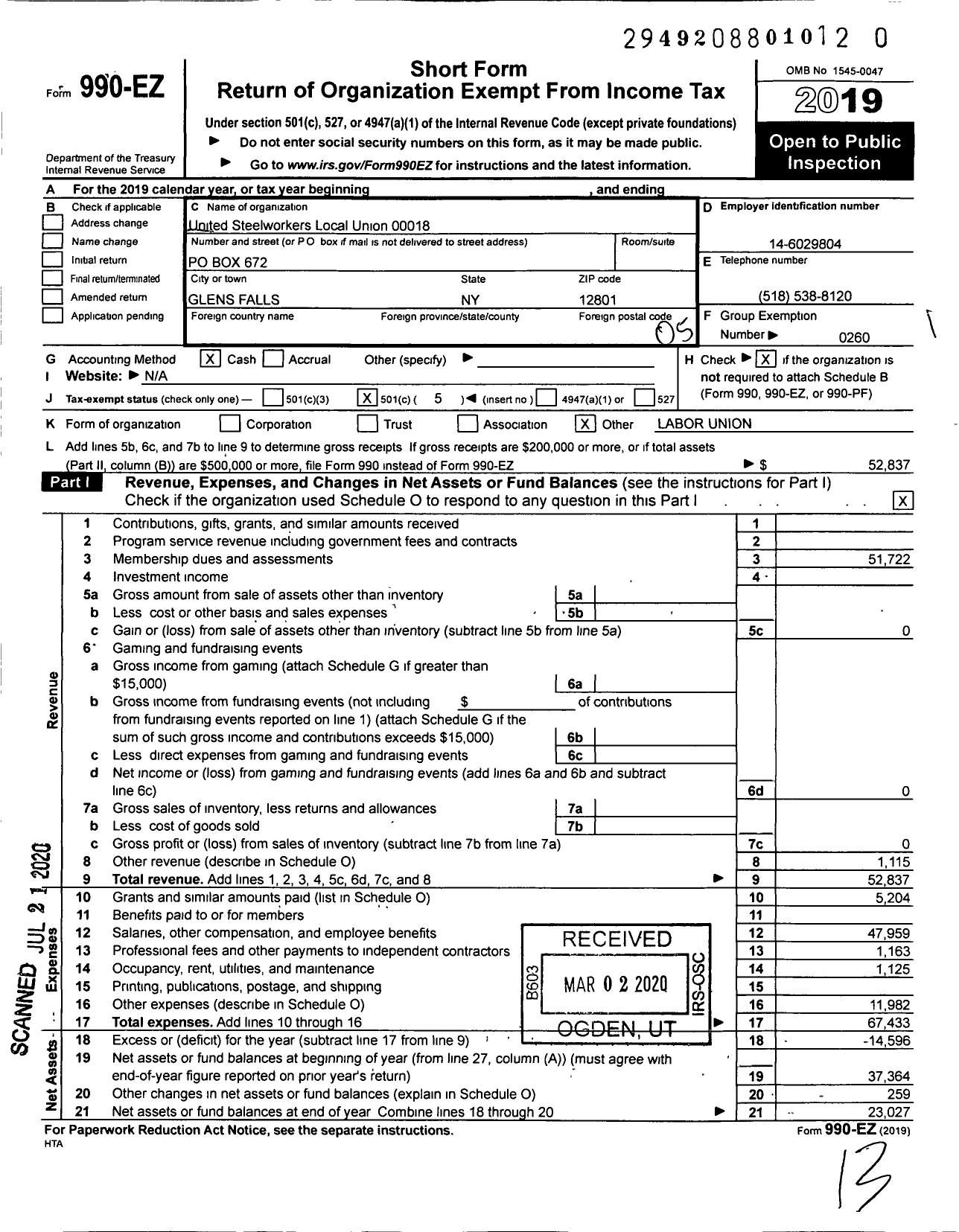 Image of first page of 2019 Form 990EO for United Steelworkers Local Union 4-00018