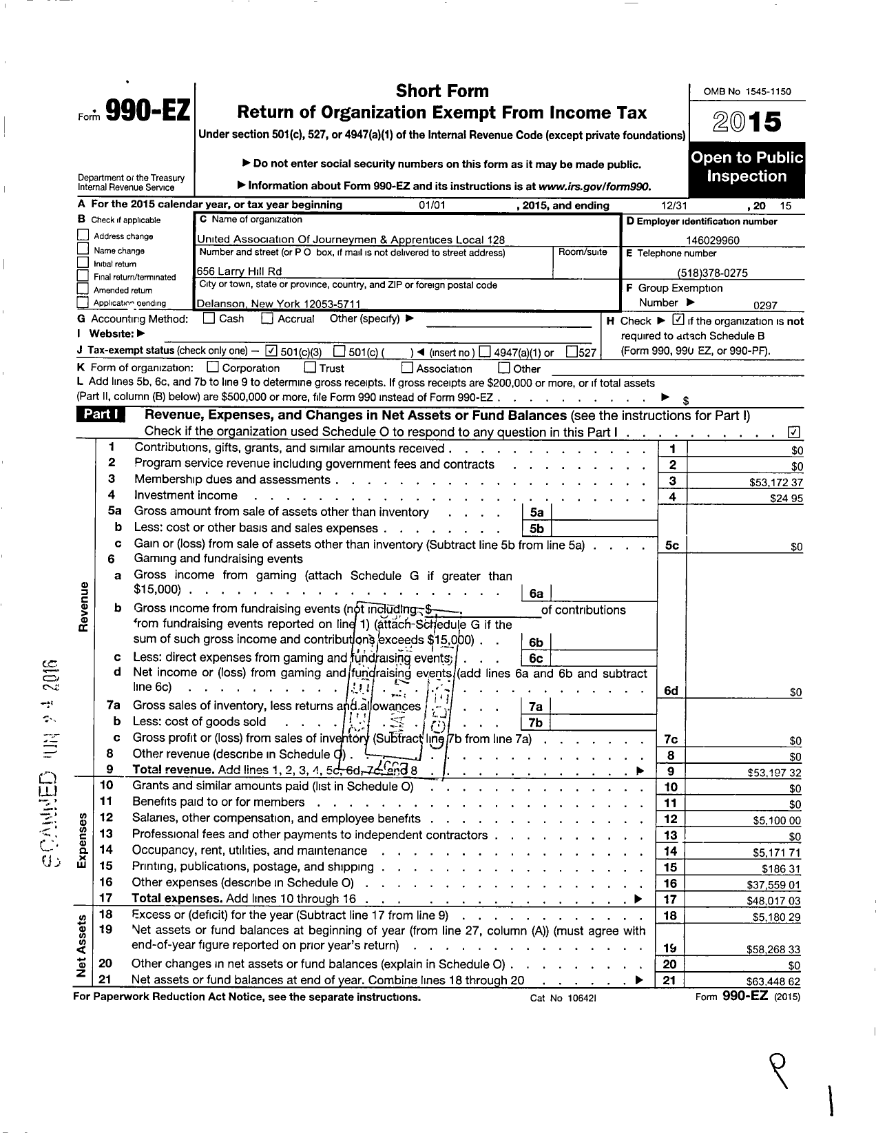 Image of first page of 2015 Form 990EZ for United Association - 128 PPF