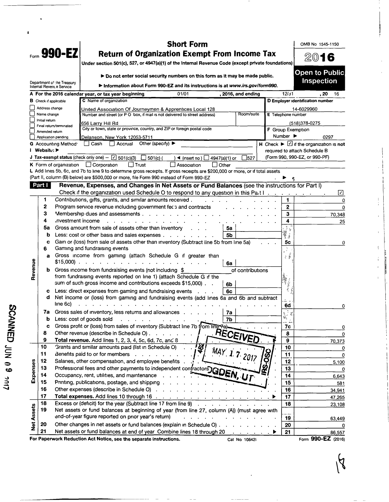 Image of first page of 2016 Form 990EZ for United Association - 128 PPF