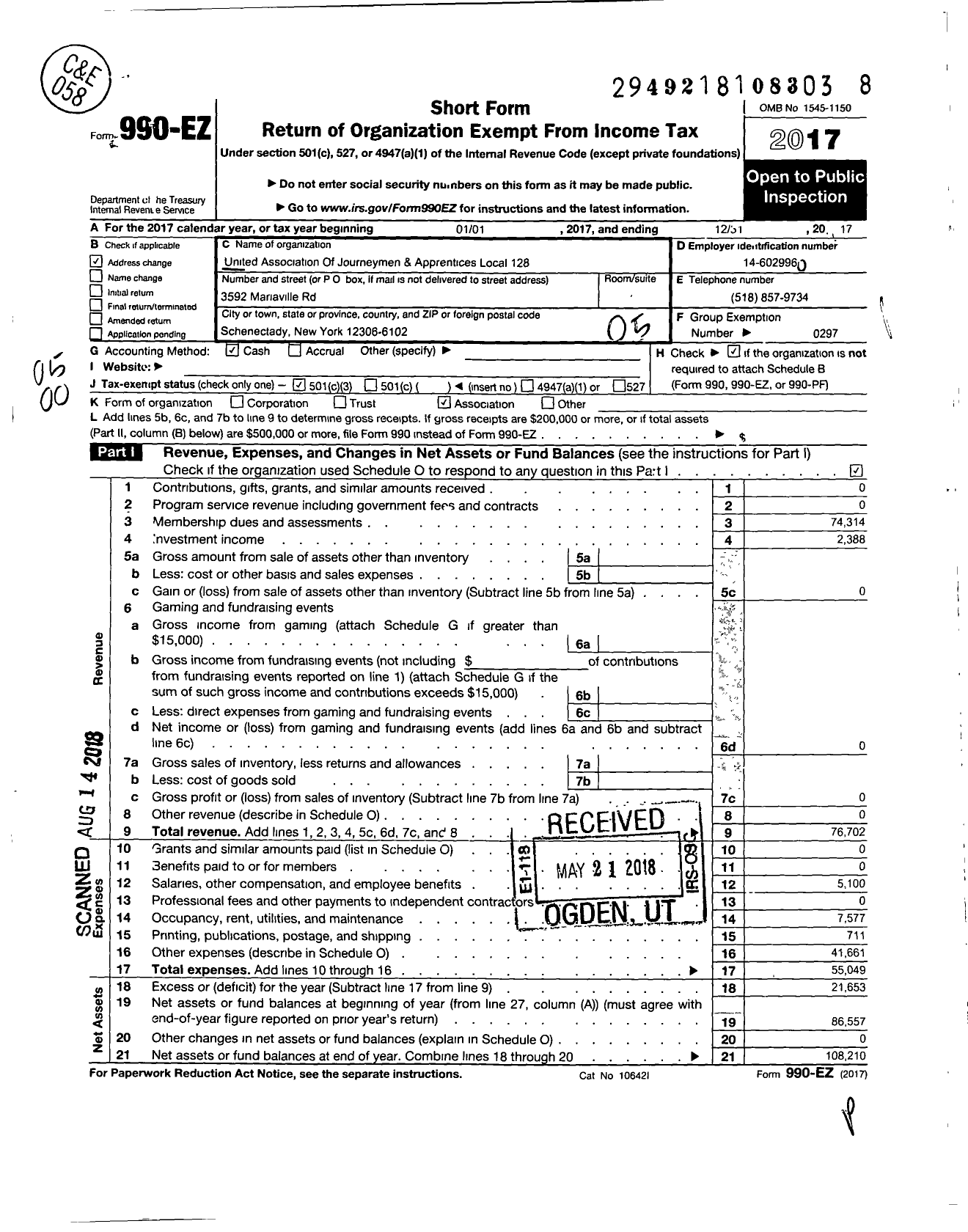 Image of first page of 2017 Form 990EO for United Association - 128 PPF