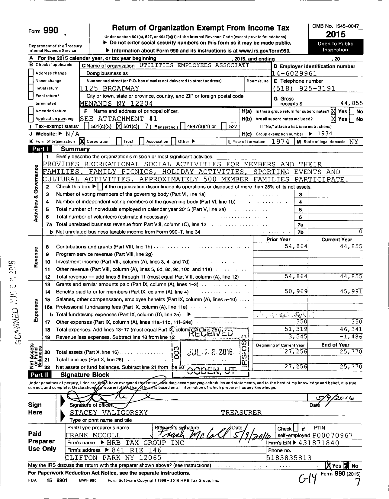 Image of first page of 2015 Form 990O for Utilities Employees Association