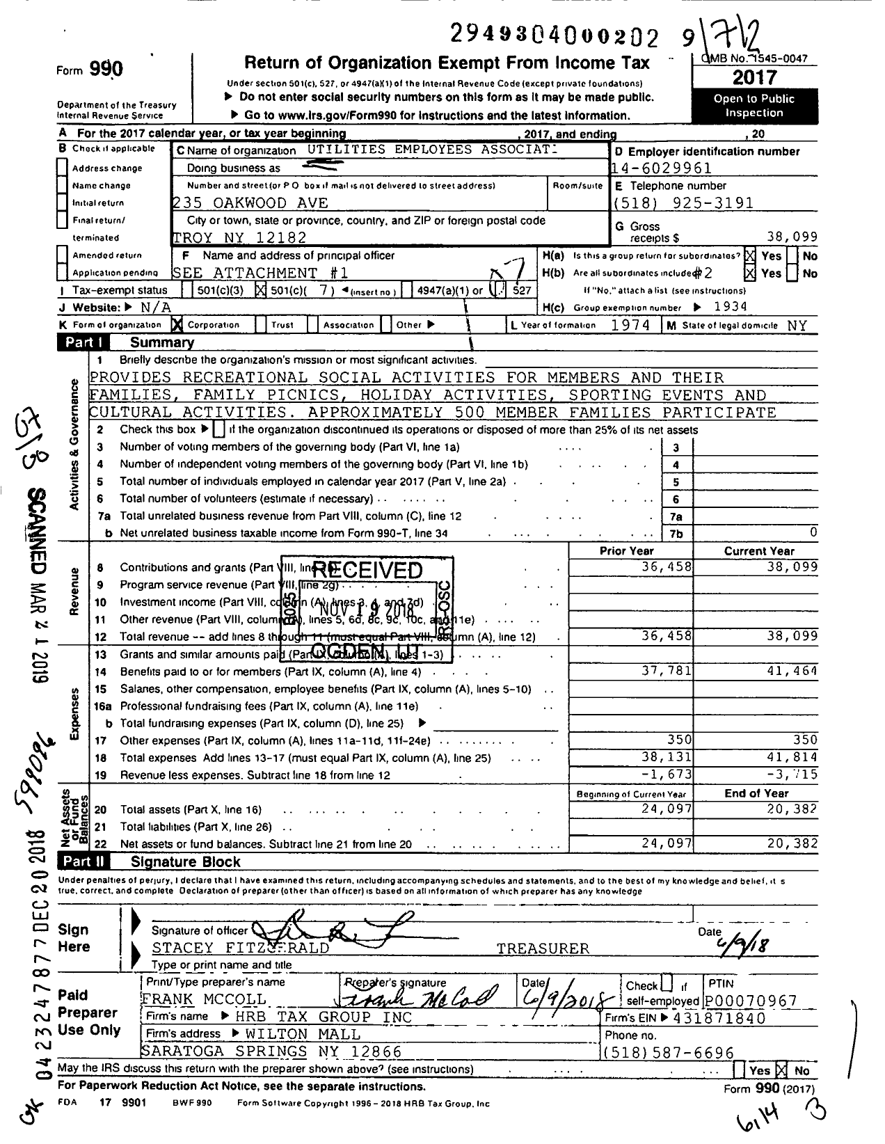 Image of first page of 2017 Form 990O for Utilities Employees Association