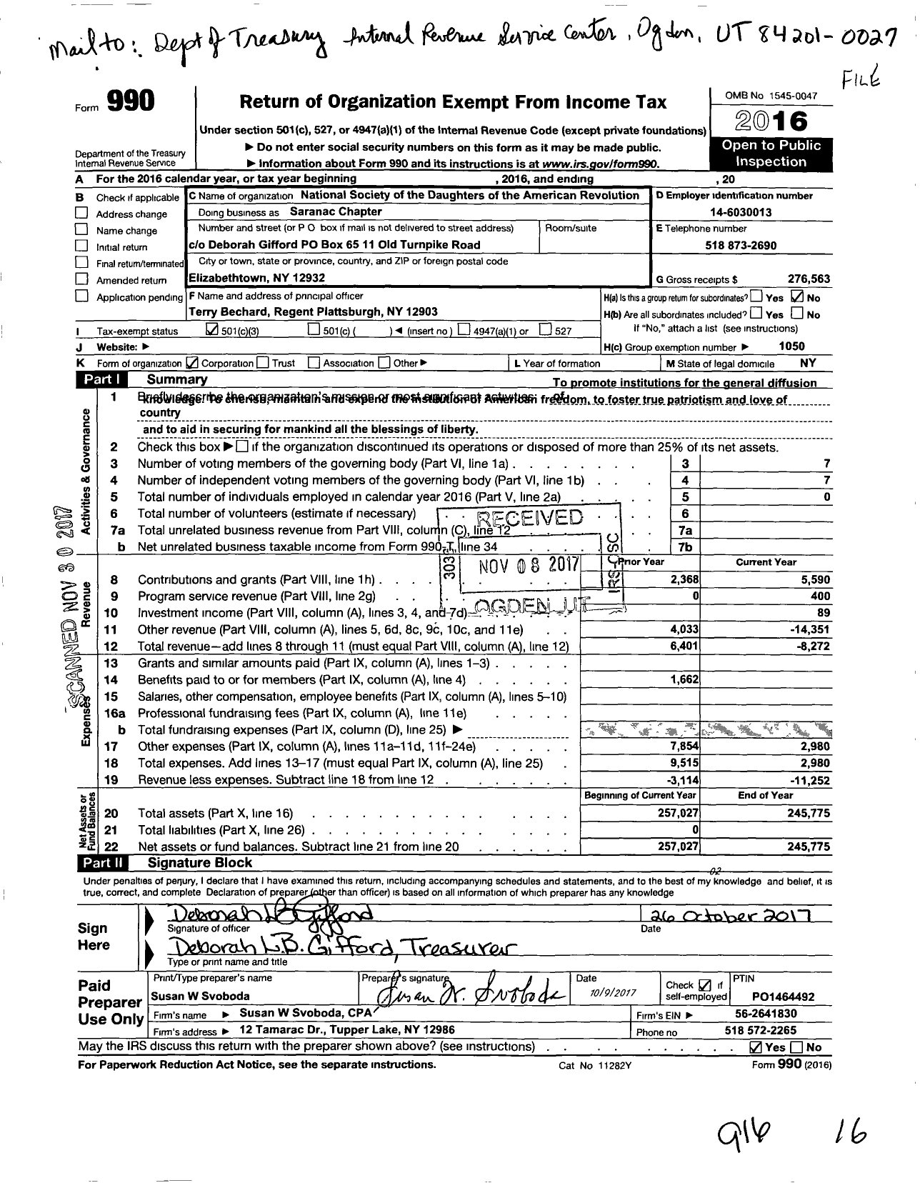 Image of first page of 2016 Form 990 for Daughters of the American Revolution - Saranac Dar