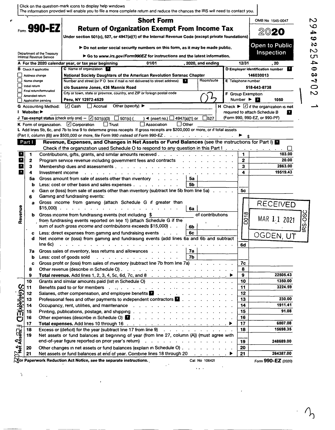 Image of first page of 2020 Form 990EZ for Daughters of the American Revolution - Saranac Dar