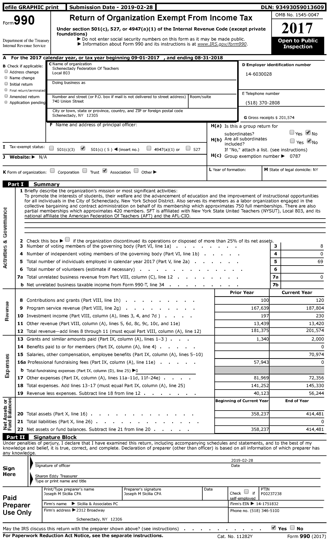 Image of first page of 2017 Form 990 for American Federation Of Teachers - 0803 Schenectady Federation Of Teac