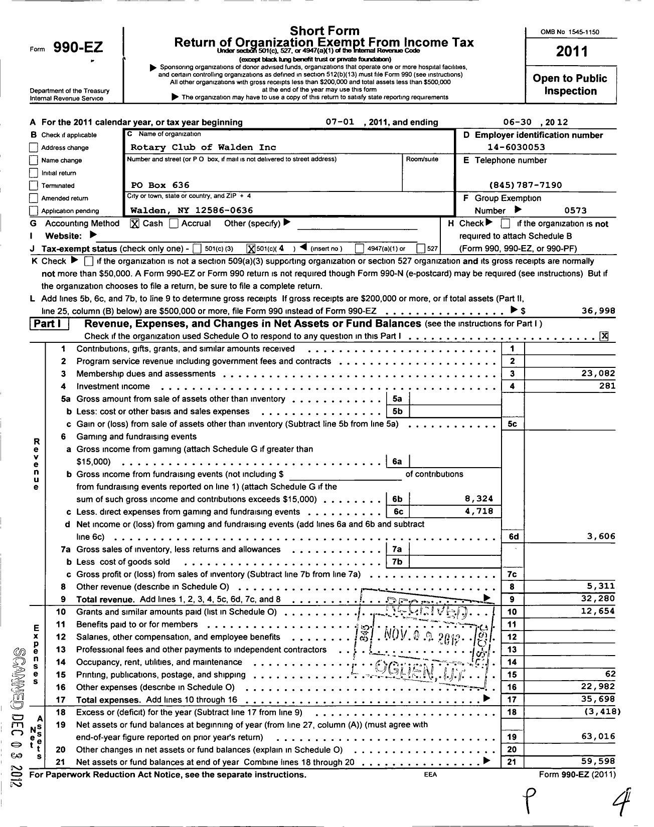 Image of first page of 2011 Form 990EO for Rotary Club of Walden New York