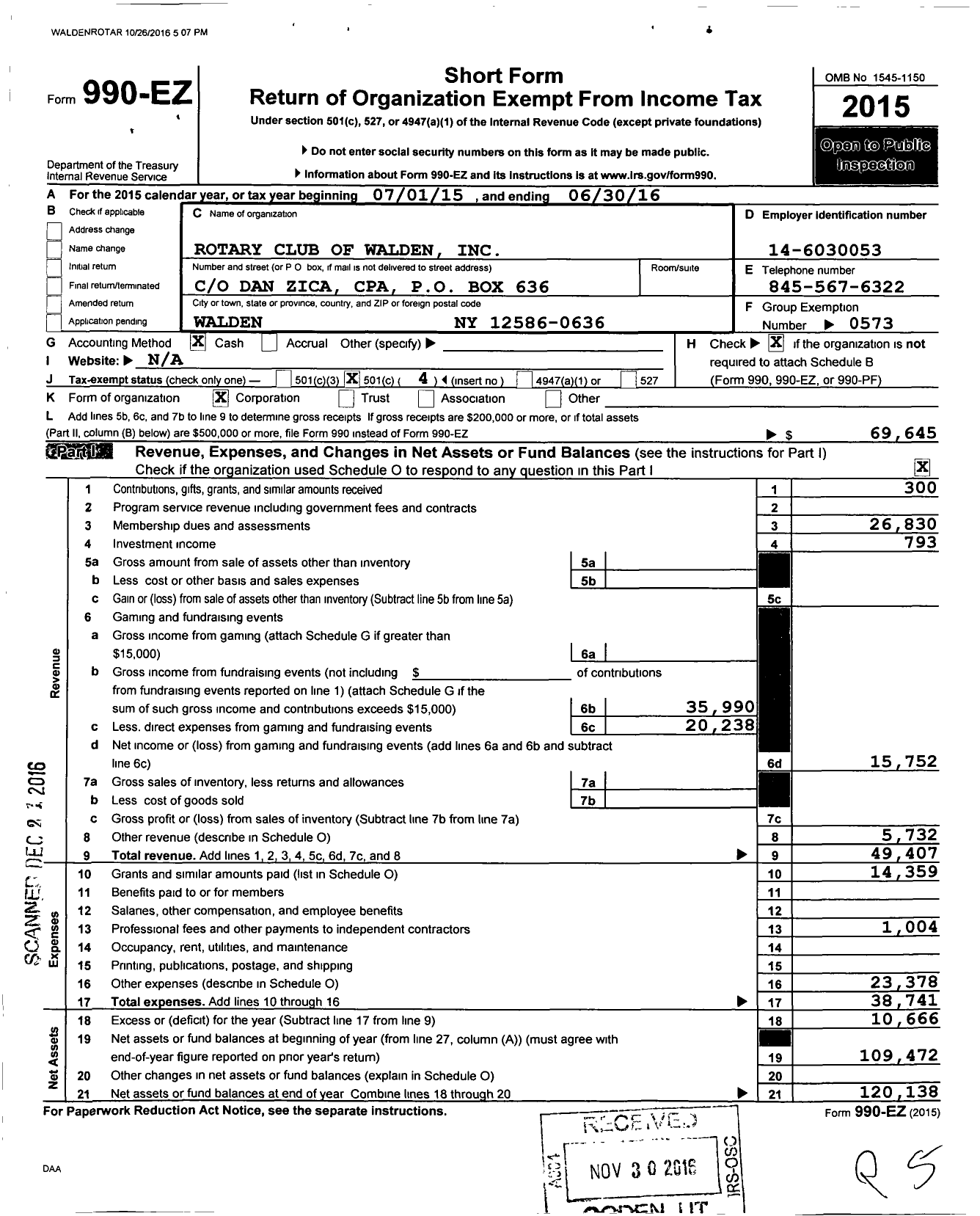 Image of first page of 2015 Form 990EO for Rotary Club of Walden New York