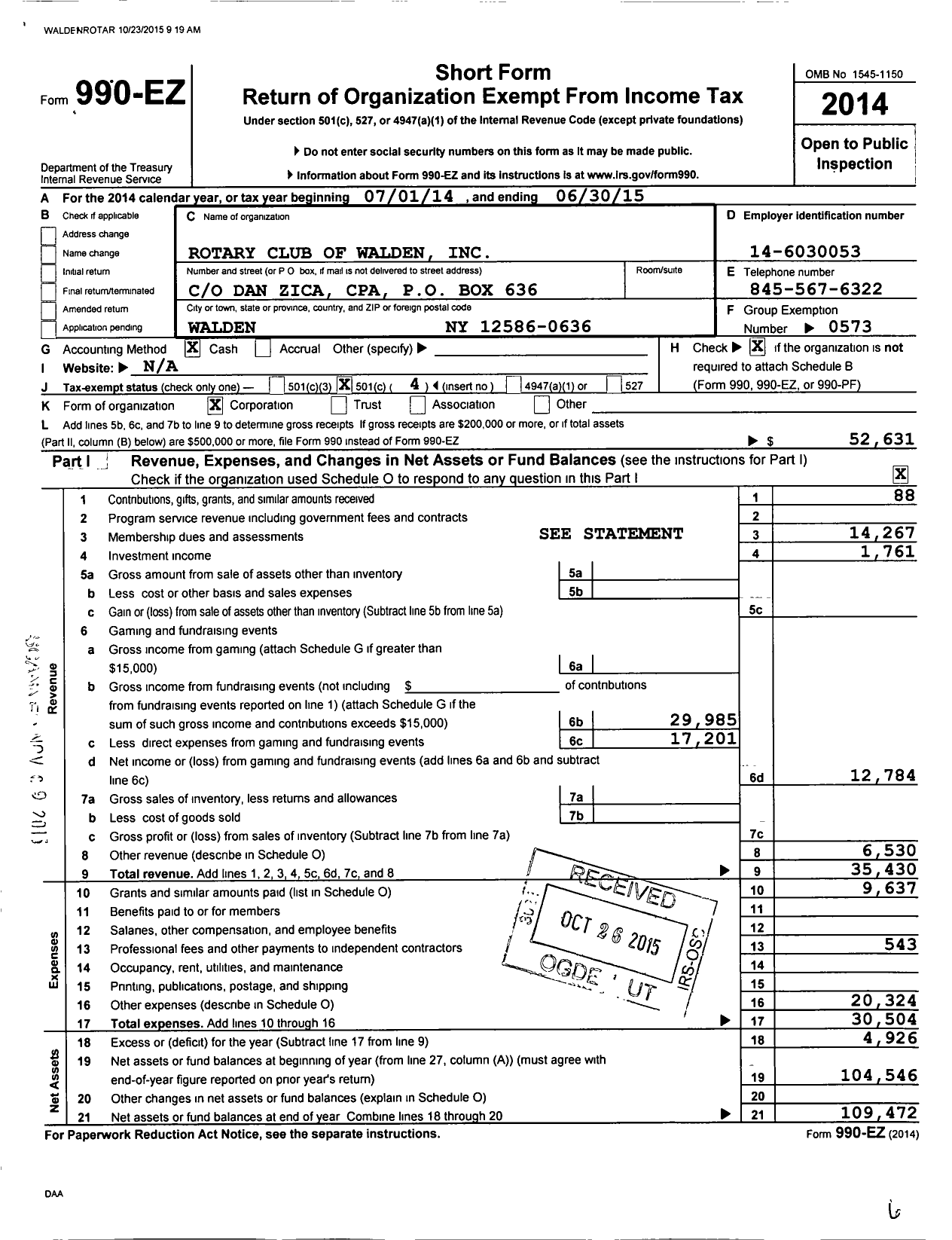 Image of first page of 2014 Form 990EO for Rotary Club of Walden New York