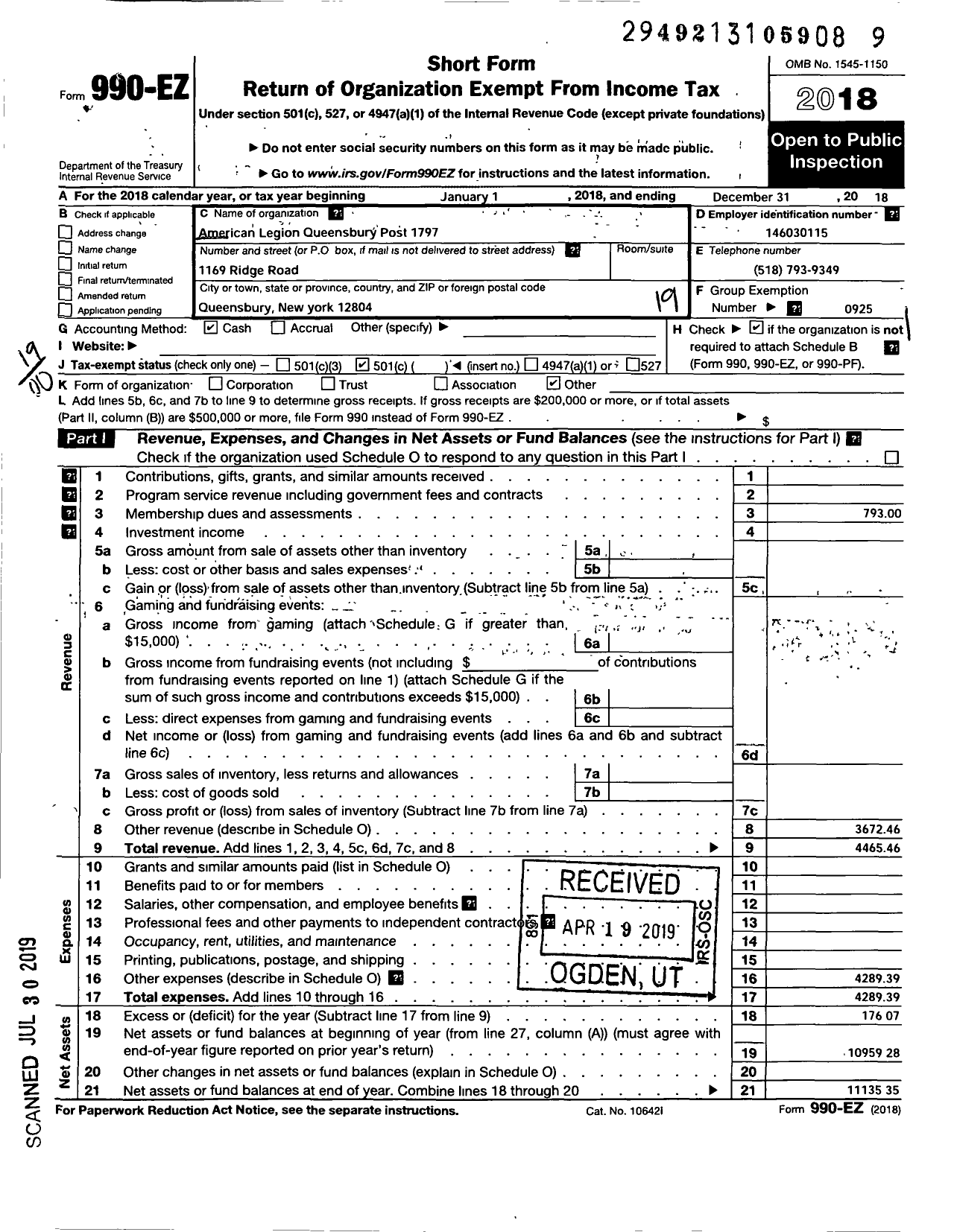 Image of first page of 2018 Form 990EO for American Legion - 1797 Queensbury