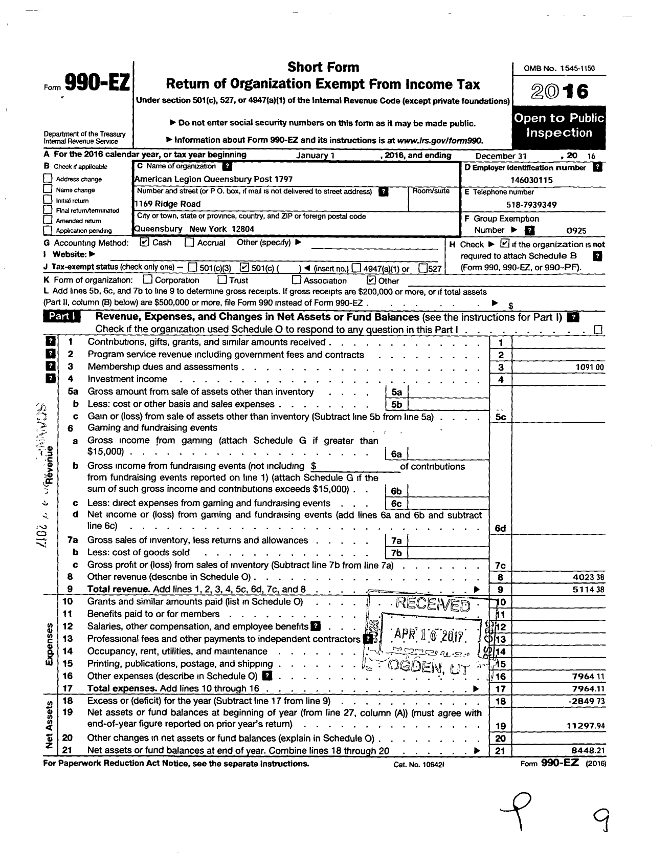 Image of first page of 2016 Form 990EO for American Legion - 1797 Queensbury