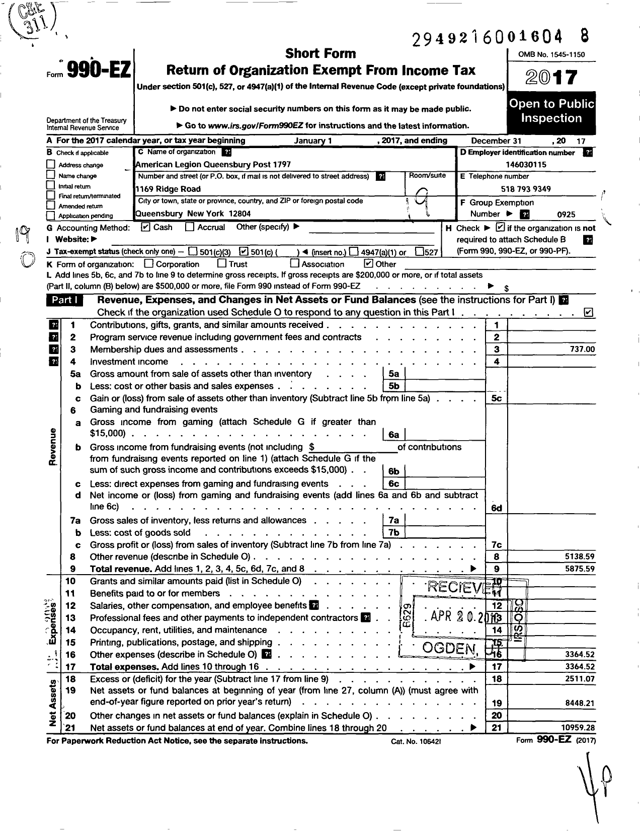 Image of first page of 2017 Form 990EO for American Legion - 1797 Queensbury