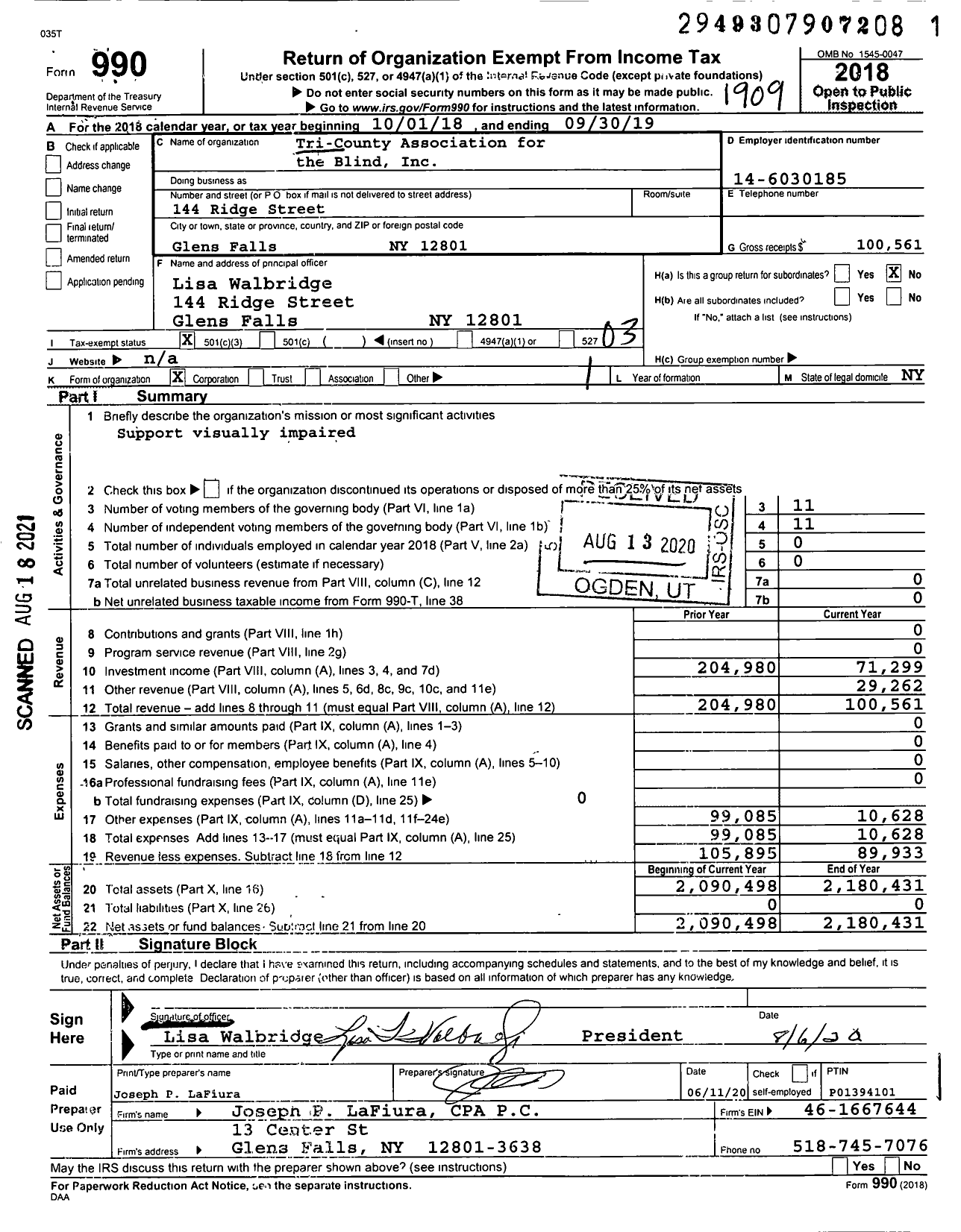 Image of first page of 2018 Form 990 for Tri-County Association for the Blind