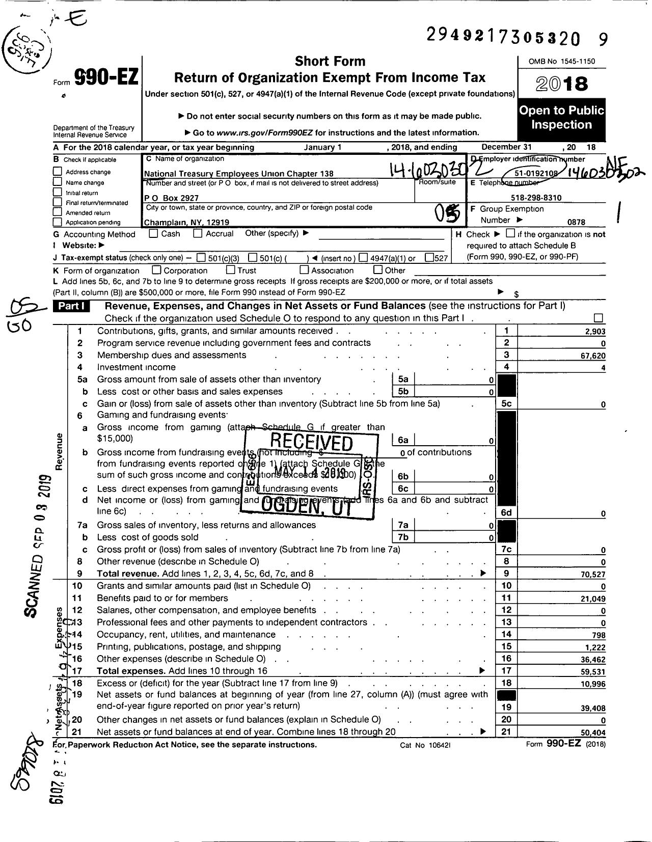 Image of first page of 2018 Form 990EO for National Treasurey Employees Union - 138 Chapter Nteu