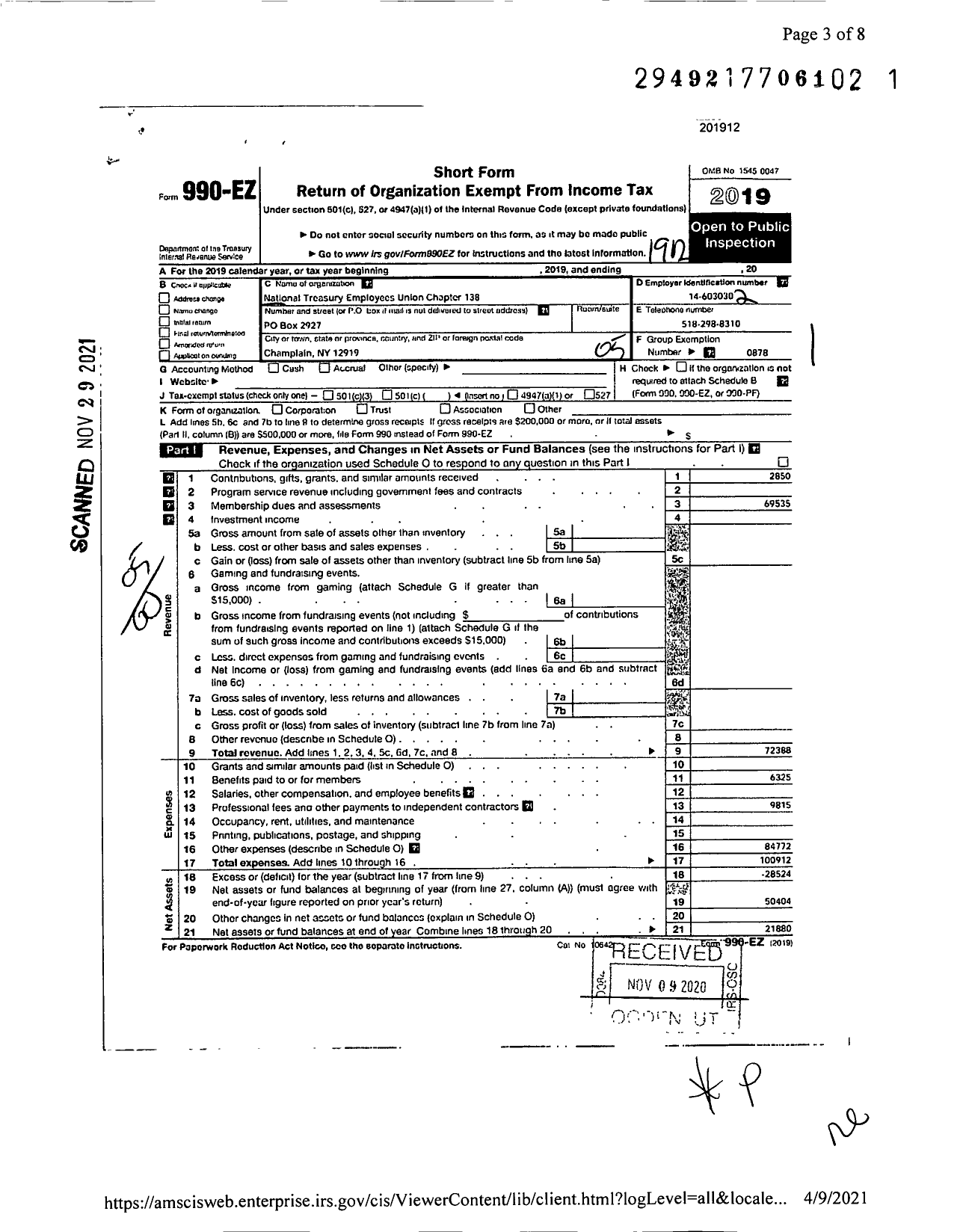 Image of first page of 2019 Form 990EO for National Treasurey Employees Union - 138 Chapter Nteu