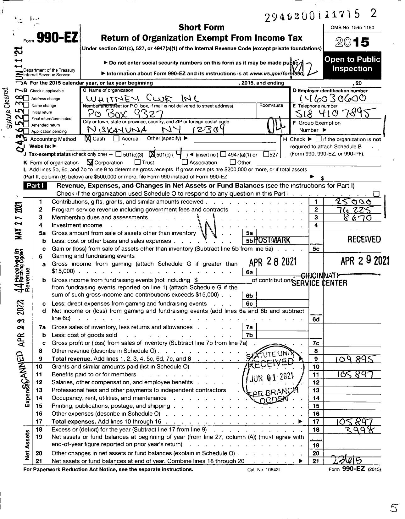 Image of first page of 2015 Form 990EO for Whitney Club