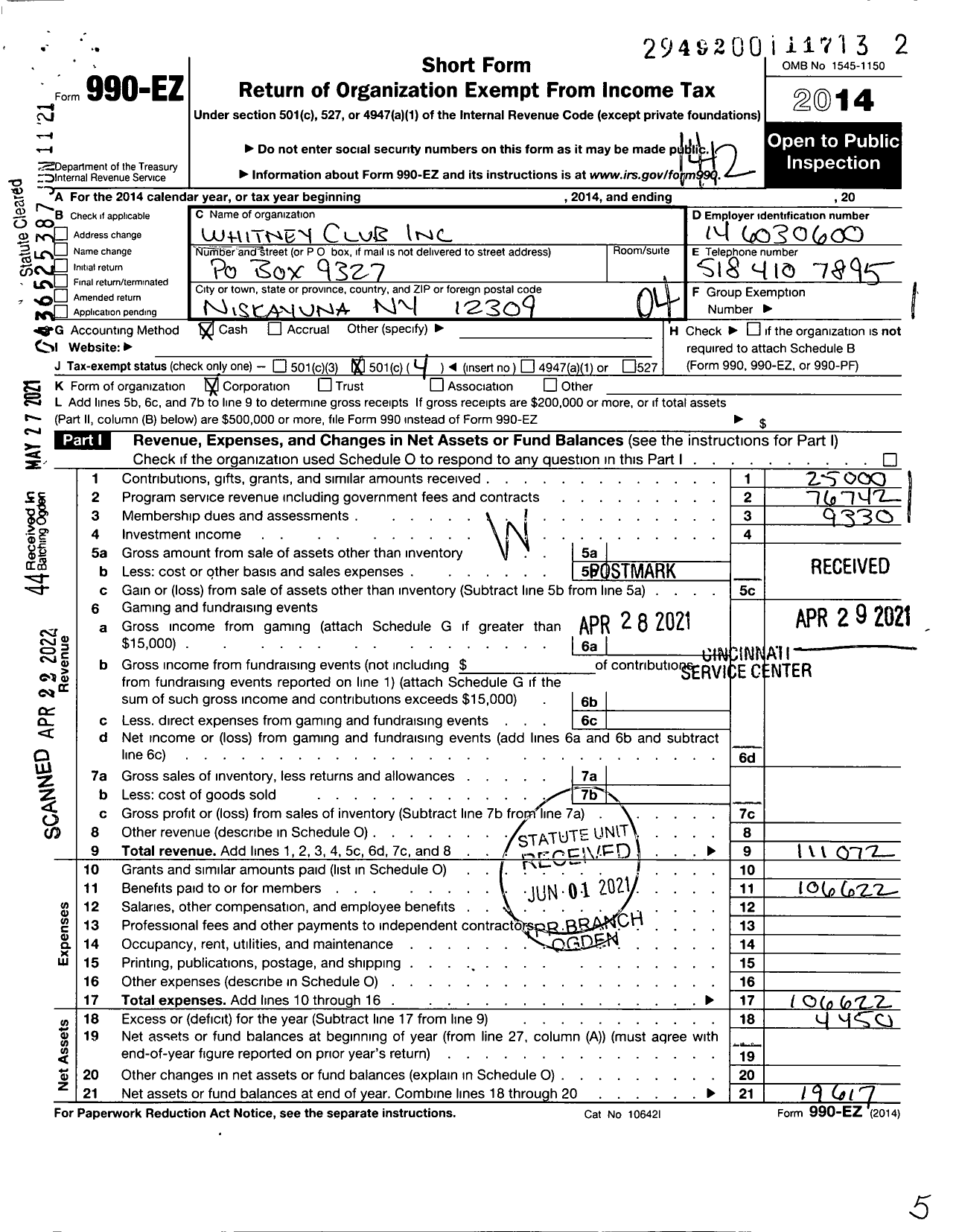 Image of first page of 2014 Form 990EO for Whitney Club