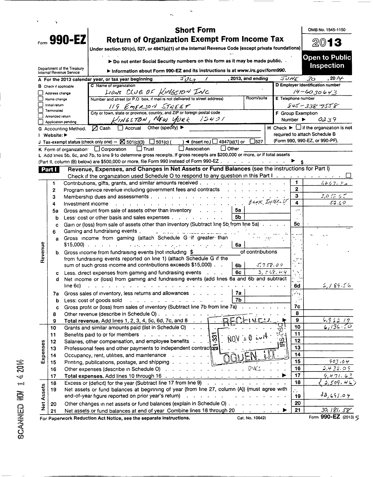 Image of first page of 2013 Form 990EZ for Lions Clubs - 8316 Kingston New York