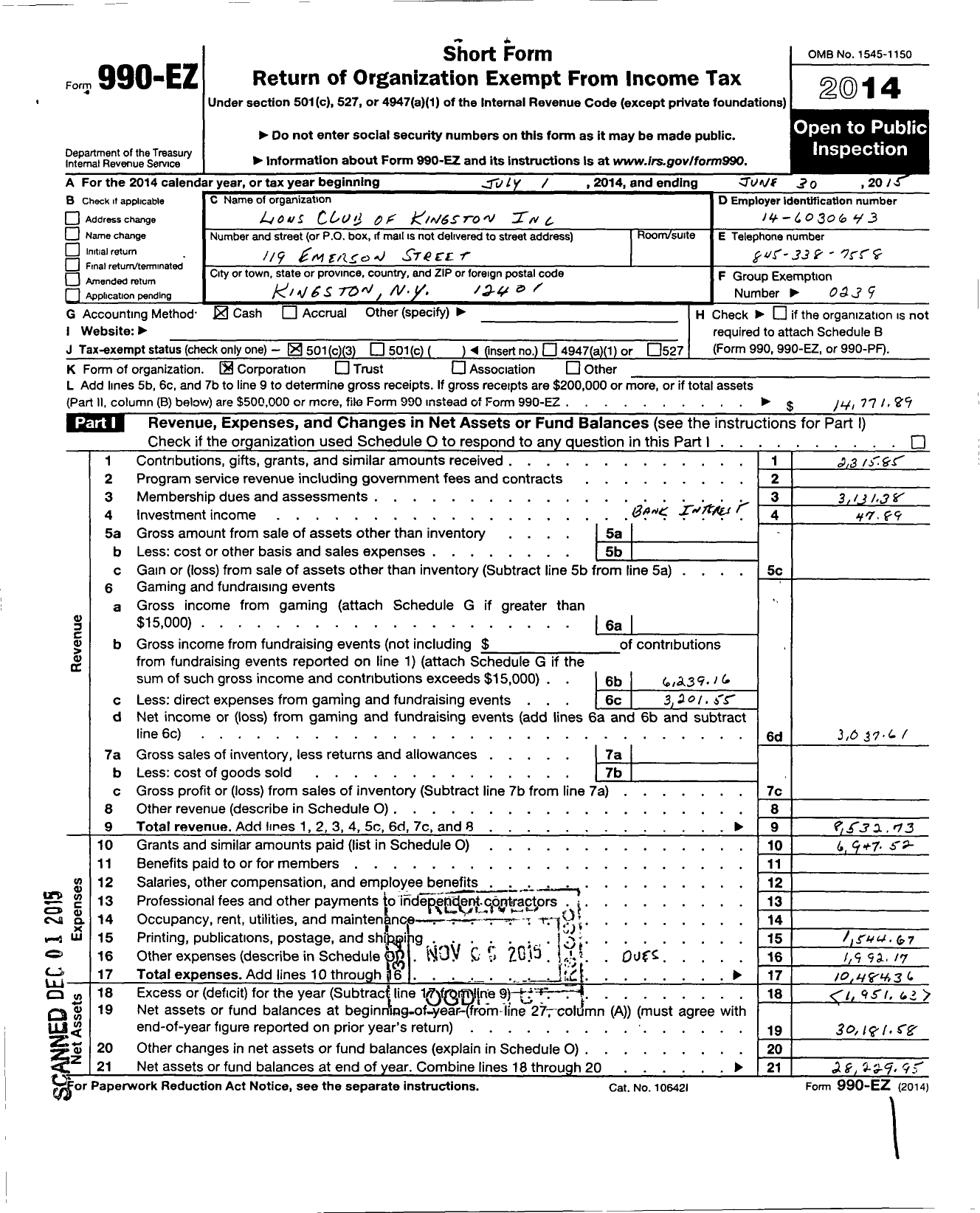 Image of first page of 2014 Form 990EZ for Lions Clubs - 8316 Kingston New York