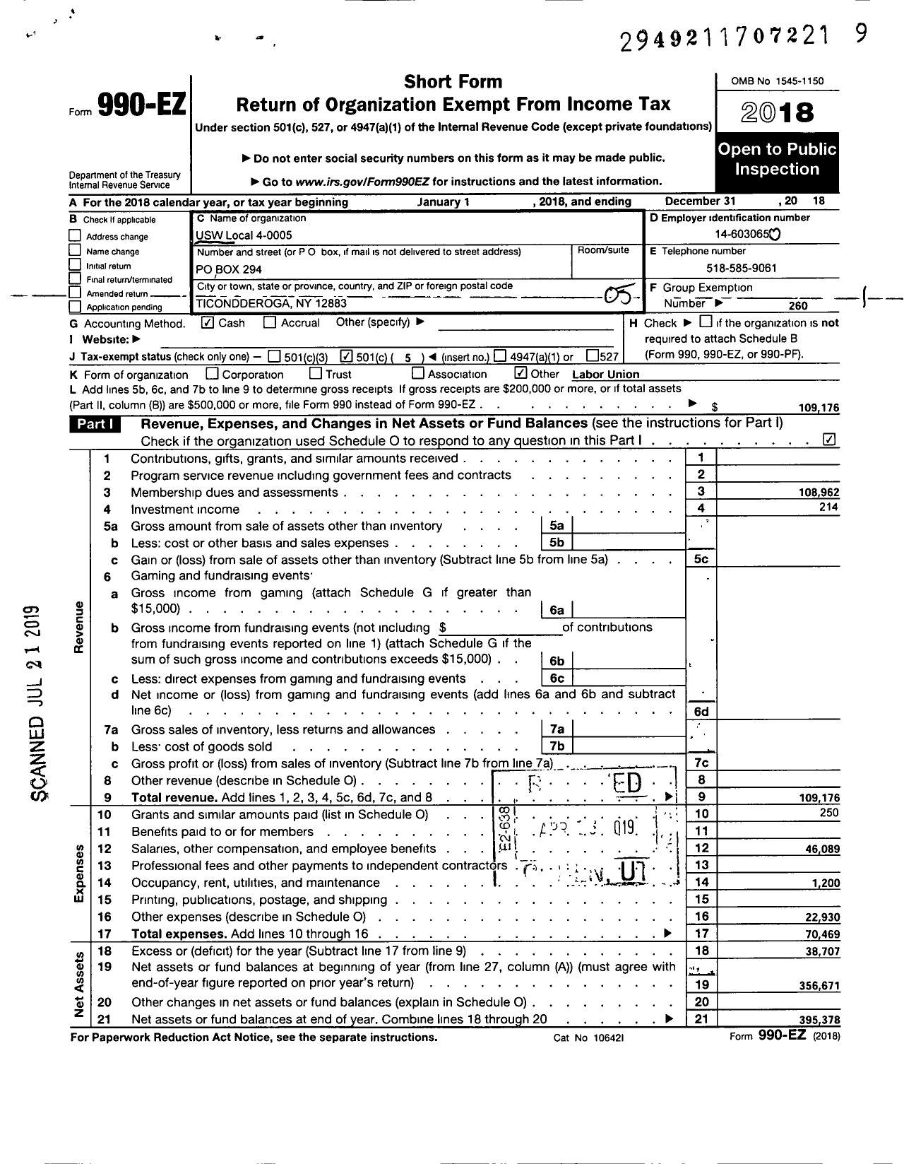 Image of first page of 2018 Form 990EO for United Steelworkers - 4-00005 Local