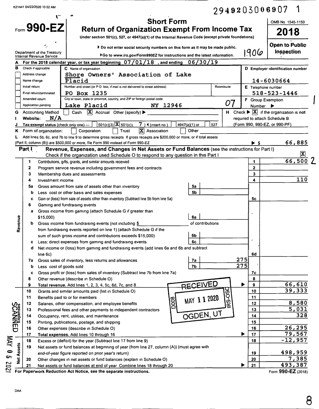 Image of first page of 2018 Form 990EO for Shore Owners' Association of Lake Placid