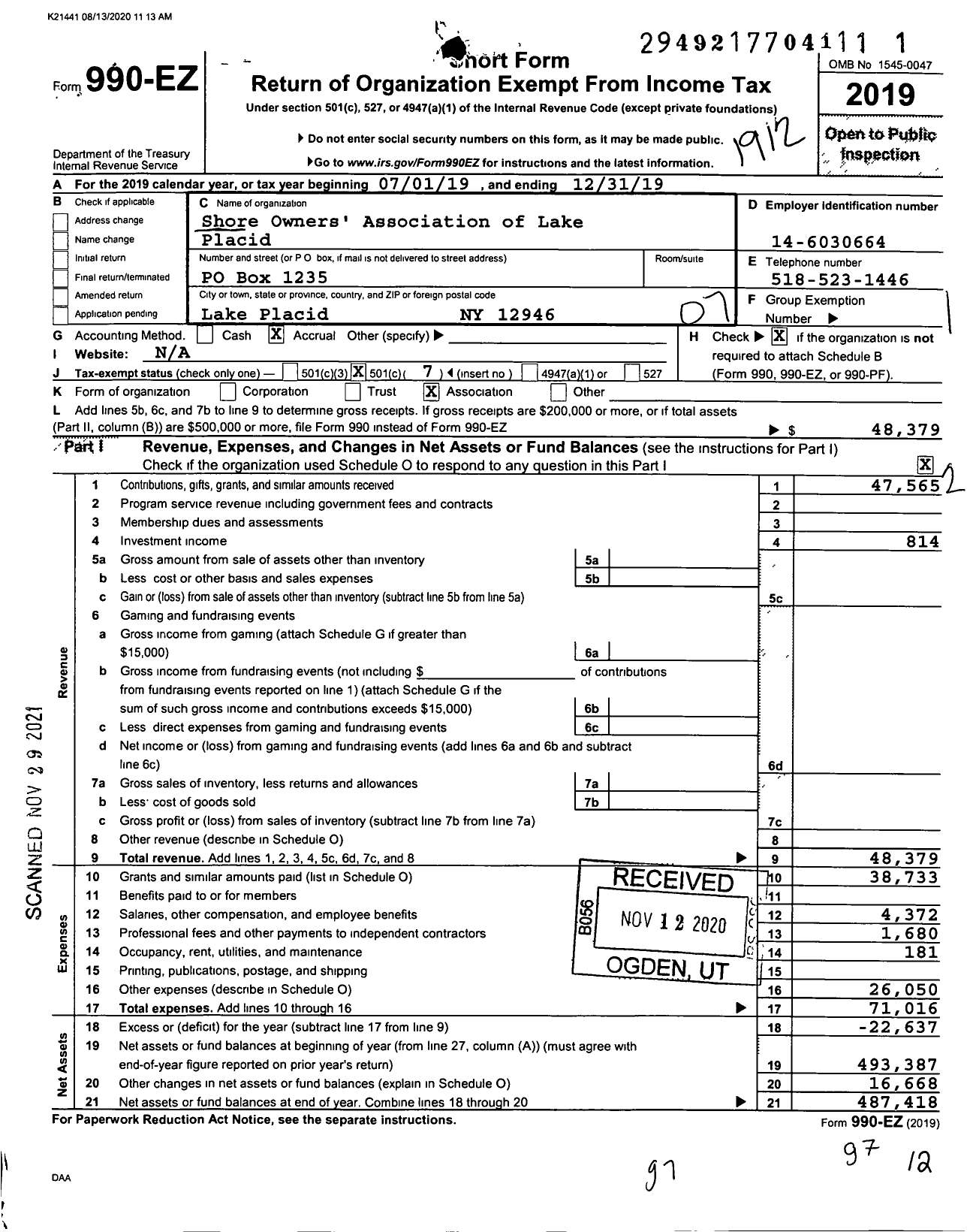 Image of first page of 2019 Form 990EO for Shore Owners' Association of Lake Placid