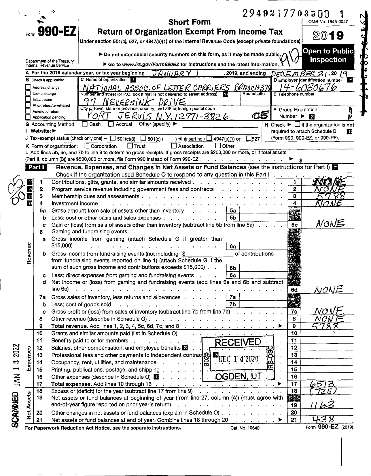 Image of first page of 2019 Form 990EO for National Association of Letter Carriers - 0376 Port Jervis New York