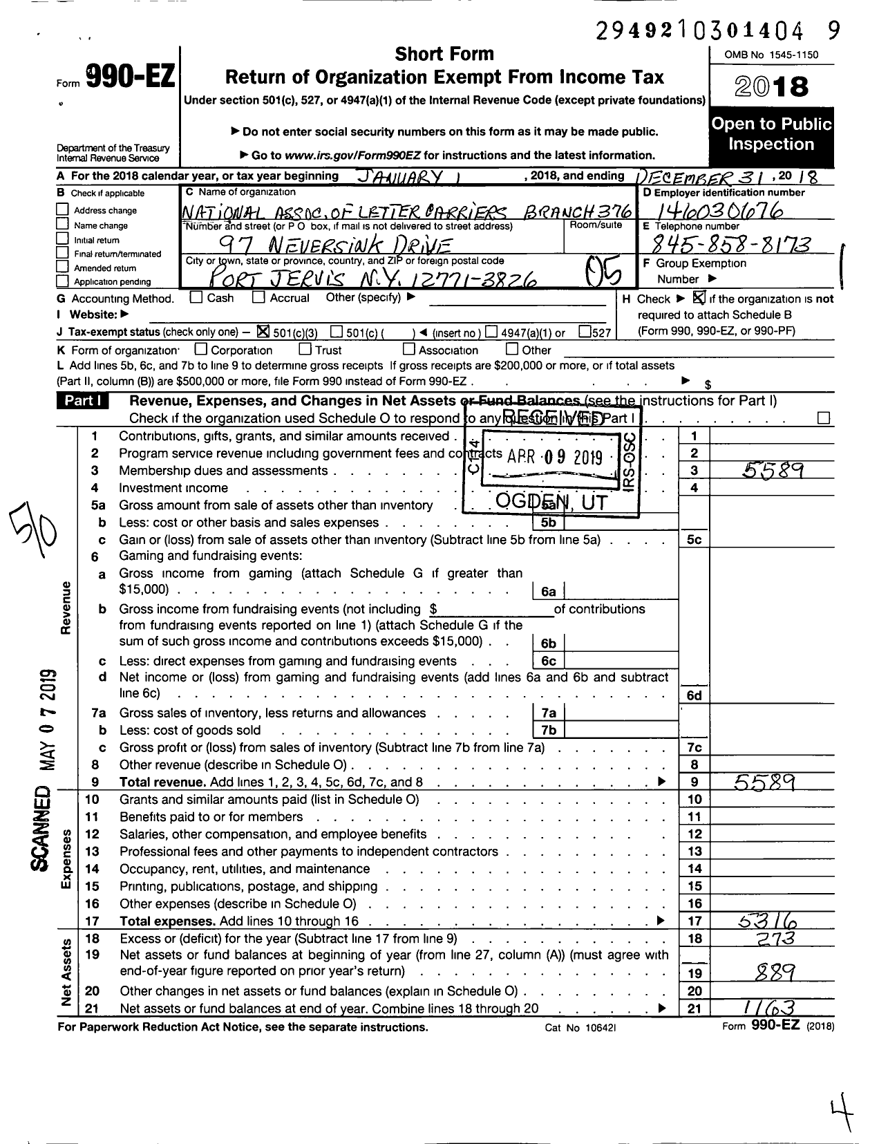 Image of first page of 2018 Form 990EO for National Association of Letter Carriers - 0376 Port Jervis New York