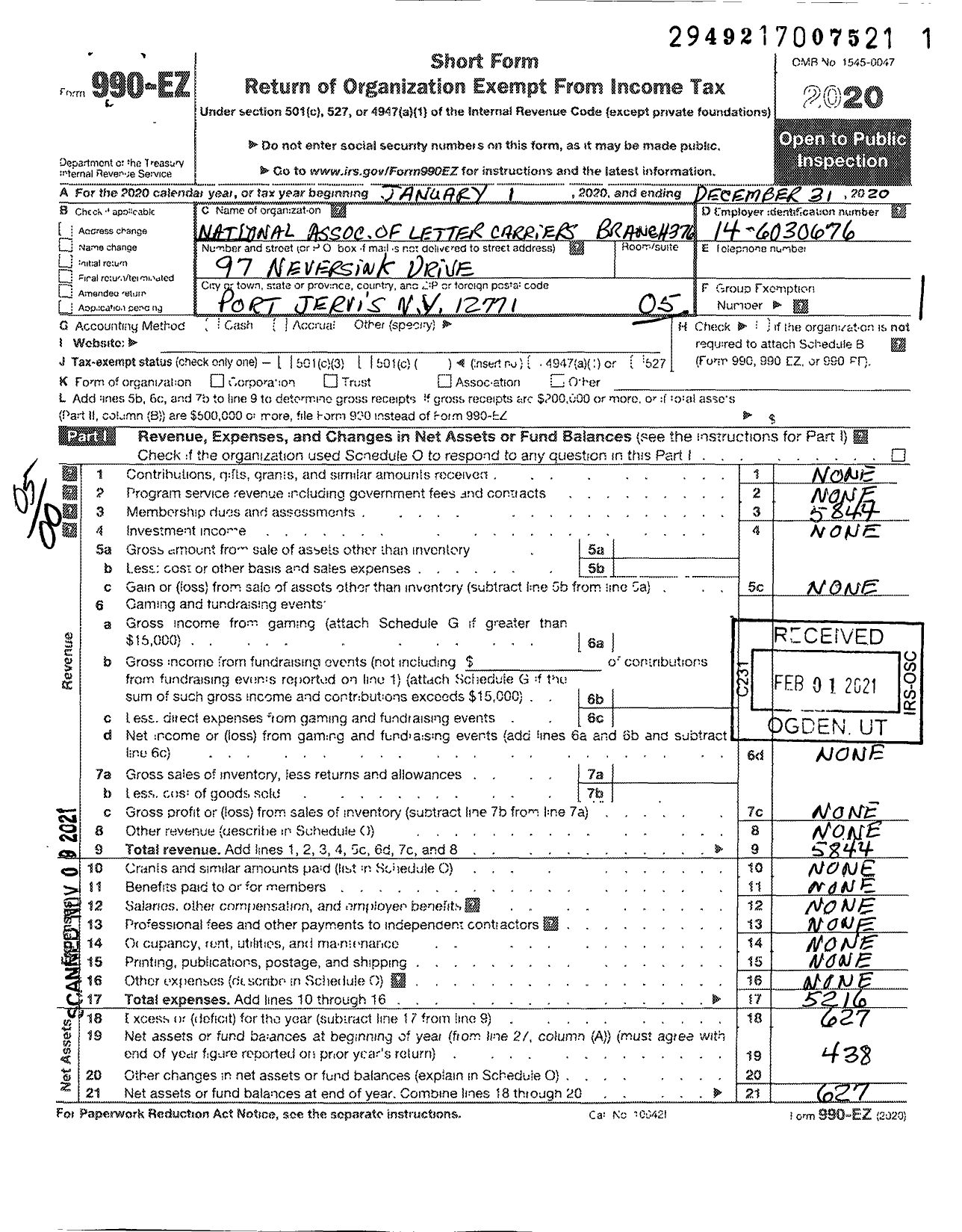 Image of first page of 2020 Form 990EO for National Association of Letter Carriers - 0376 Port Jervis New York