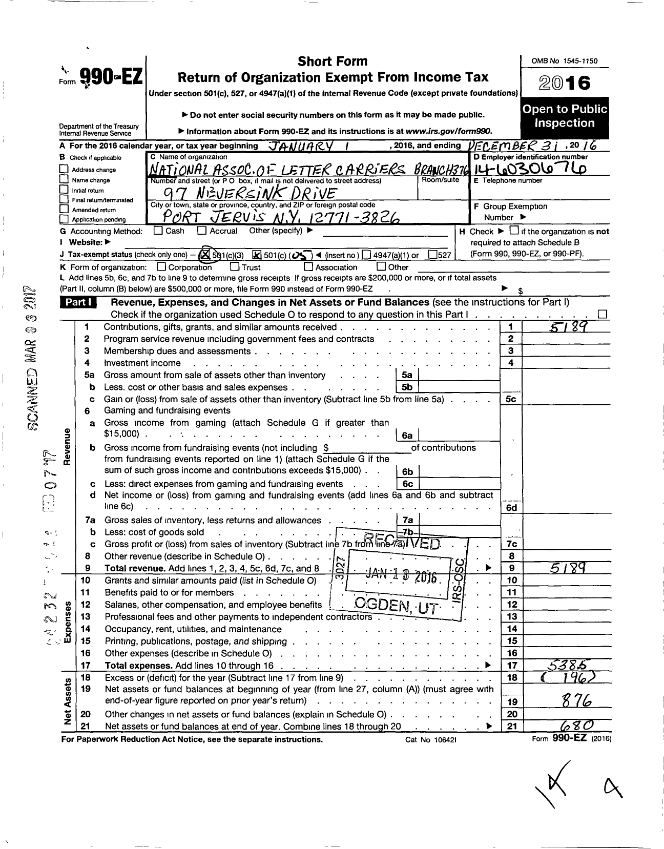 Image of first page of 2016 Form 990EO for National Association of Letter Carriers - 0376 Port Jervis New York