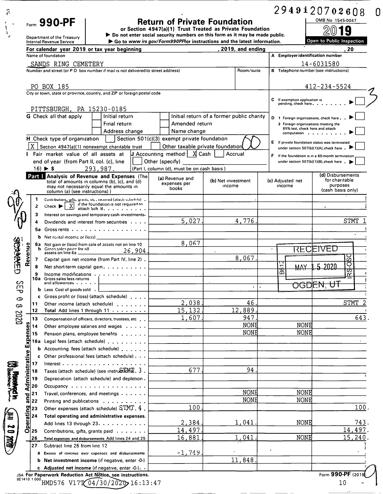 Image of first page of 2019 Form 990PR for Sands Ring Cemetery