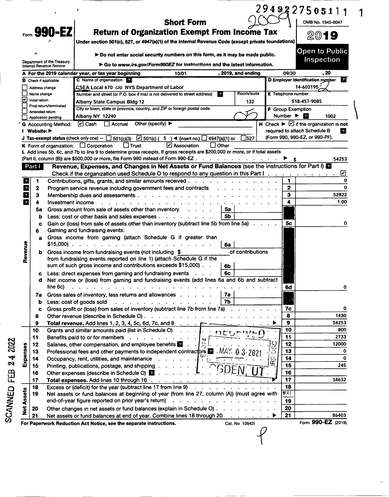 Image of first page of 2019 Form 990EO for Civil Service Employees Association - 0670 Department of Labor Albany