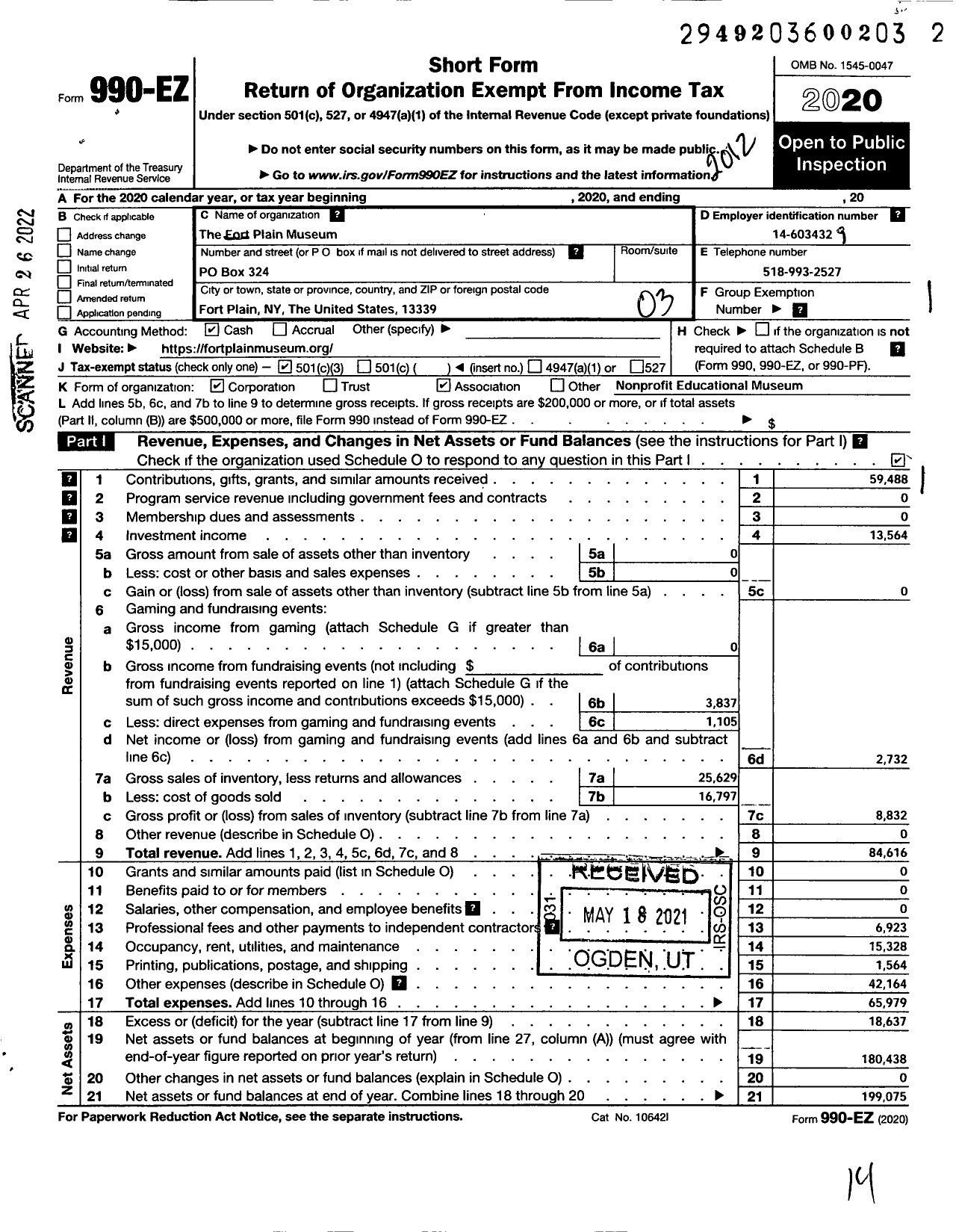 Image of first page of 2020 Form 990EZ for Fort Plain Museum