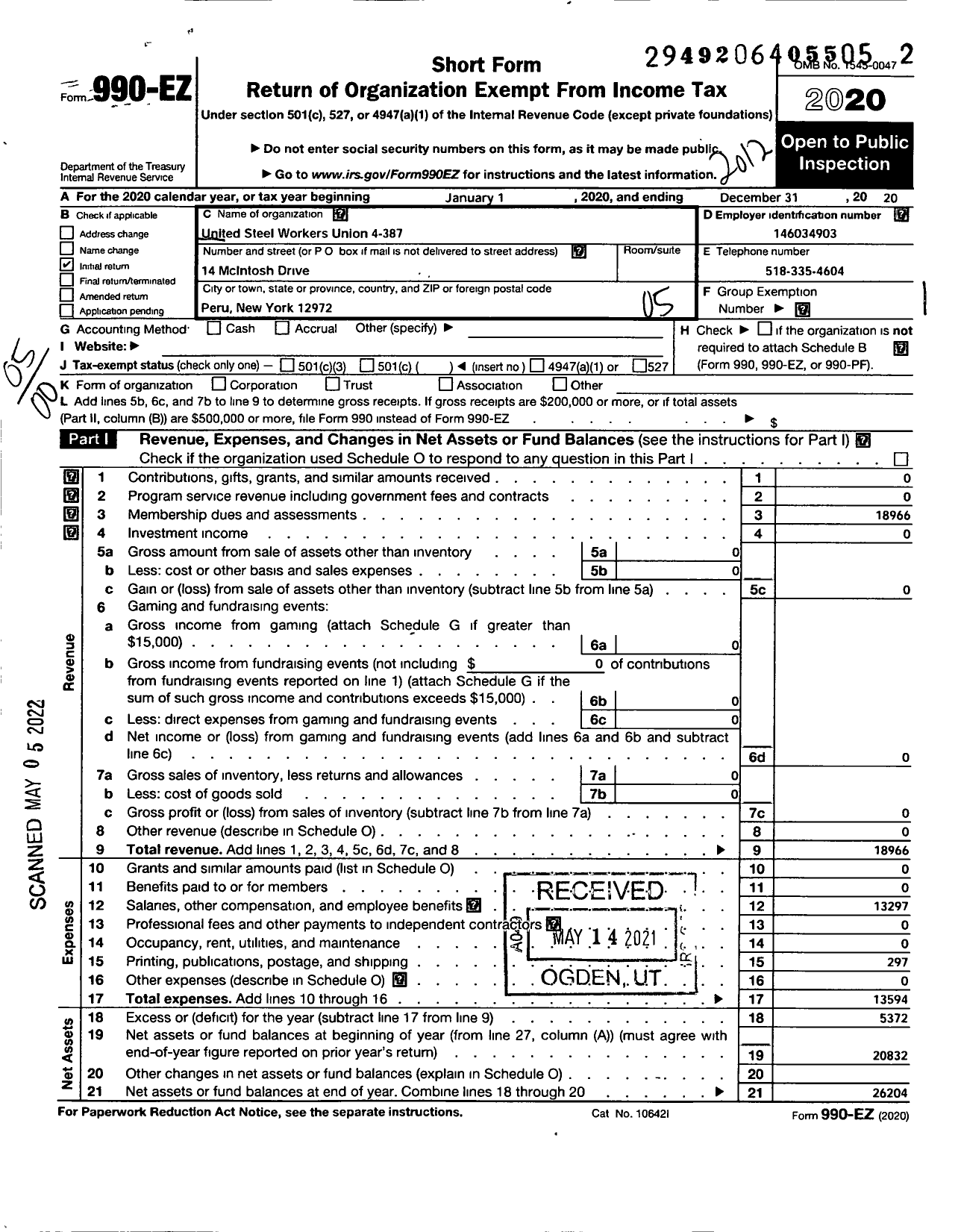 Image of first page of 2020 Form 990EO for United Steelworkers - 00387 Local