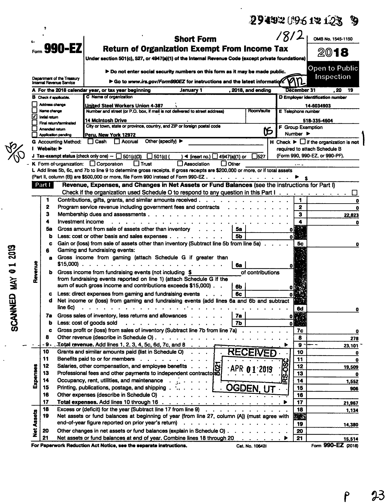 Image of first page of 2018 Form 990EO for United Steelworkers - 00387 Local