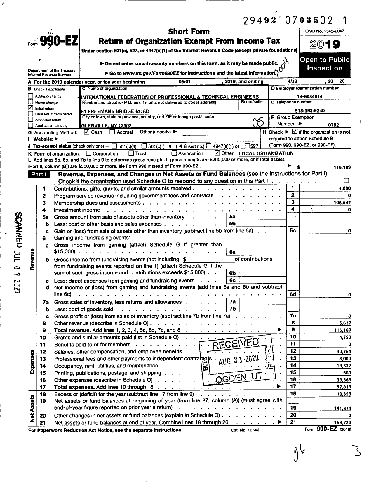 Image of first page of 2019 Form 990EO for INTERNATIONAL FEDERATION OF PROFESSIONAL and TECHNICAL ENGINEERS - 147 Local