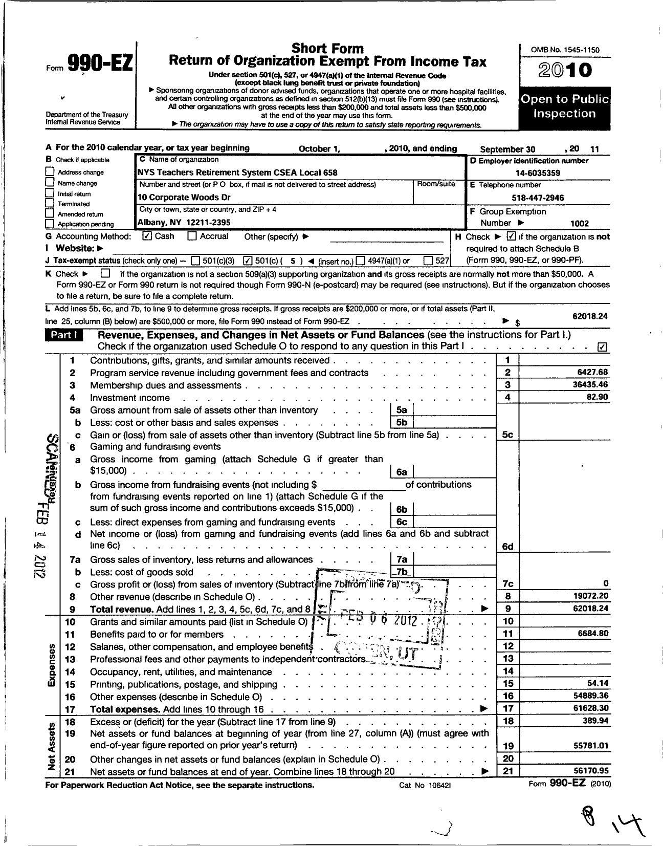 Image of first page of 2010 Form 990EO for Civil Service Employees Association - 0658 Nys Teachers Retirement System